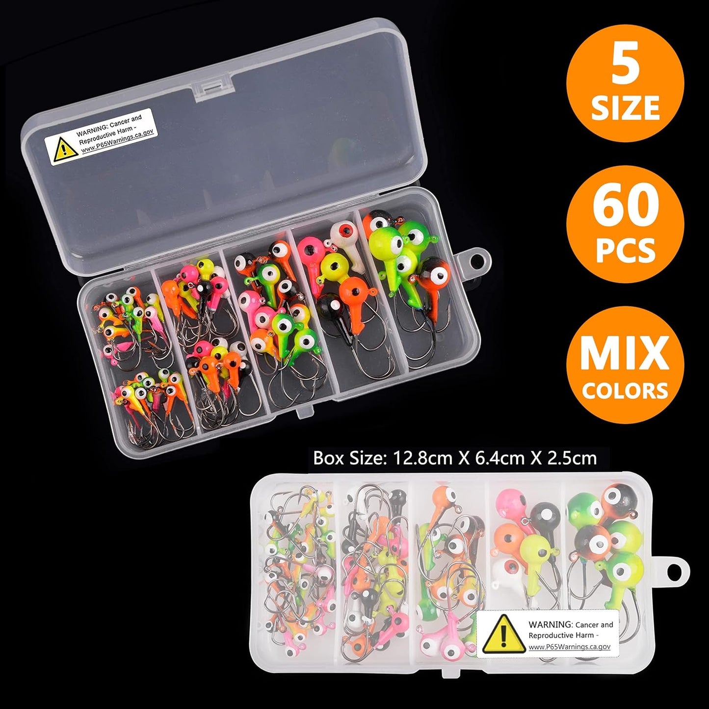 OROOTL Fishing Jig Heads Hooks Set, 60pcs Assorted Round Jig Head with 3D Eyes Painted Jig Heads for Crappie Bass Walleye 3/8oz 1/4oz 1/8oz 1/16oz 1/32oz Saltwater Freshwater Fishing Tackle Kit