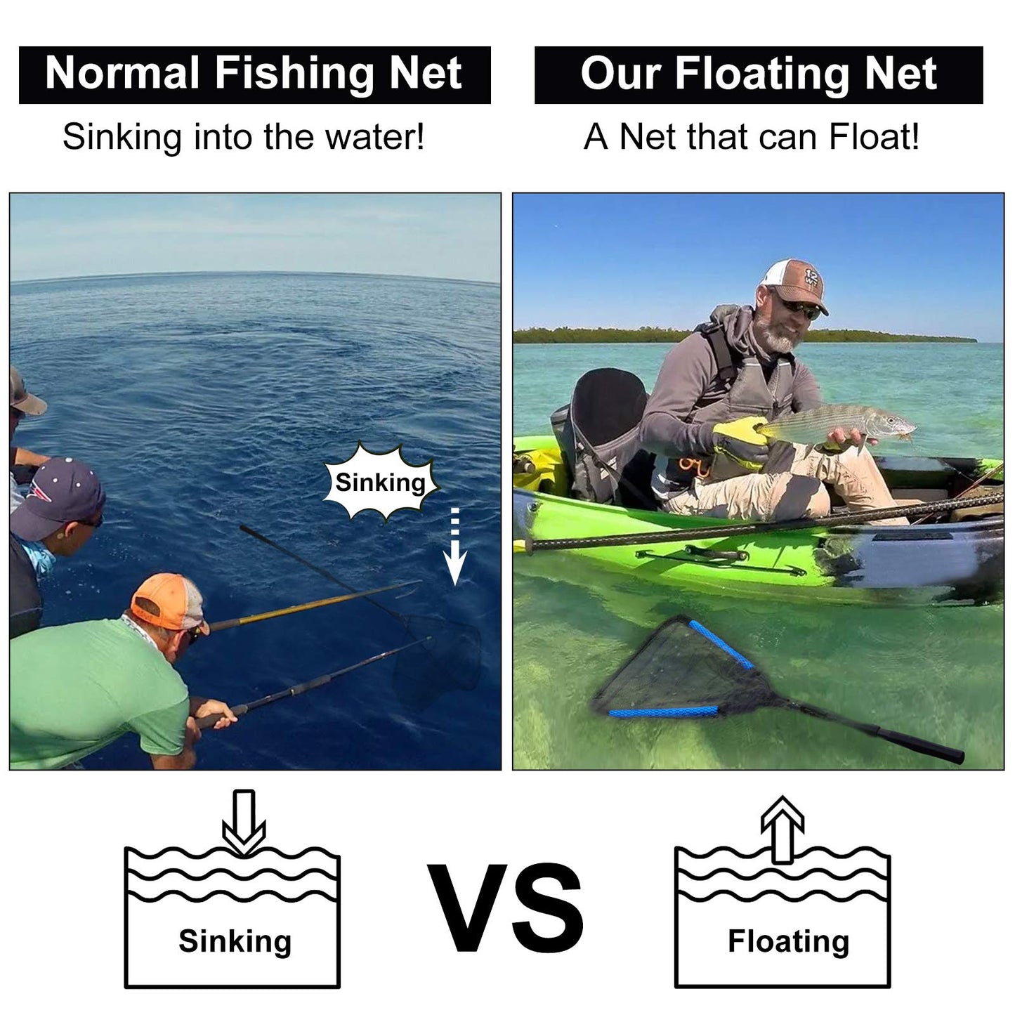 PLUSINNO Fishing Net Fish Landing Net, Foldable Collapsible Telescopic Pole Handle, Durable Nylon Material Mesh, Safe Fish Catching or Releasing
