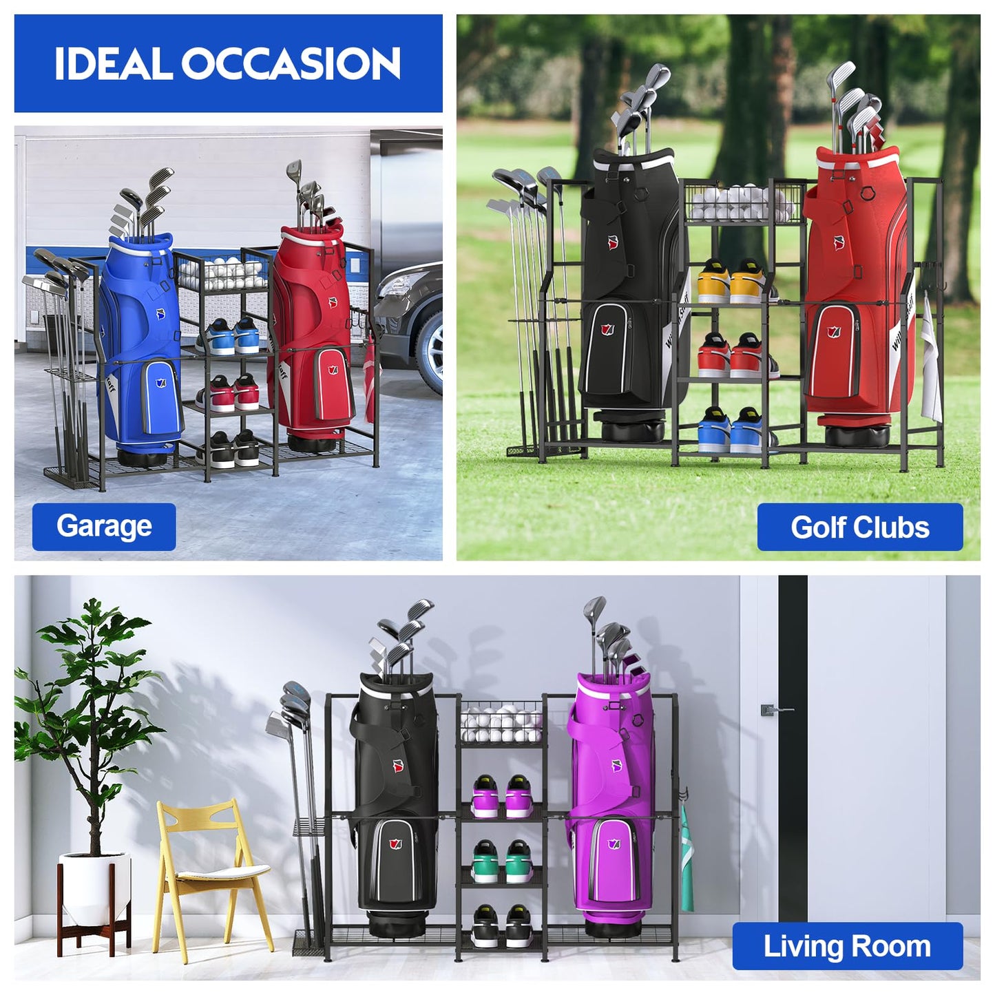 samstar Golf Storage Garage Organizer, Golf Bag Storage Stand 2 Golf Bags and Equipment Accessories, Storage Rack for Home, Garage, Golf Clubs