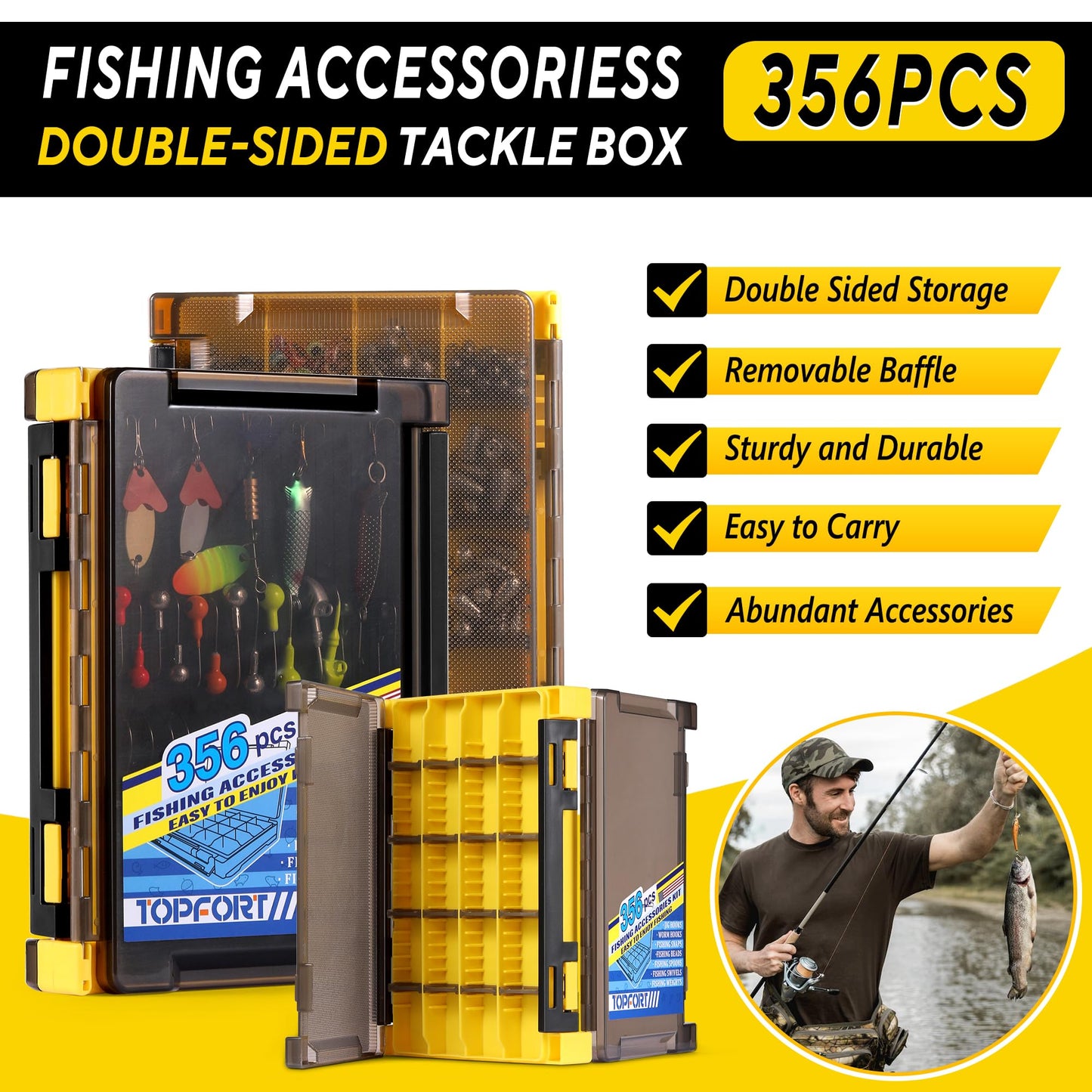 TOPFORT 187/343pcs Fishing Accessories Kit, Organized Fishing Tackle Box with Tackle Included, Fishing Hooks, Fishing Weights Sinkers, Fishing Gear and Equipment, Fishing Gift for Men