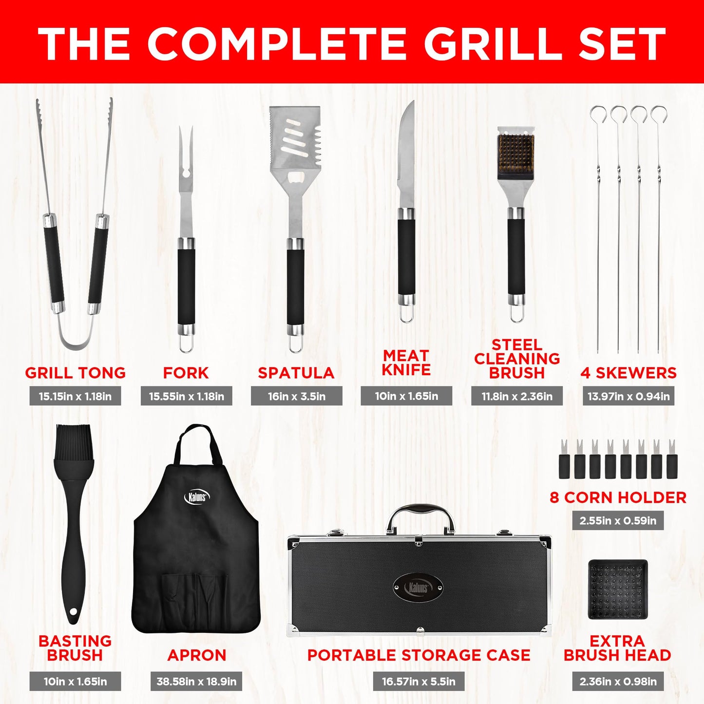 Kaluns Grilling Accessories, Dad Gifts for Fathers Day Grilling Gifts, Heavy Duty Stainless Steel BBQ Grill Tools Set for Outdoor Grill with Aluminum Case and Apron, Dad Birthday Gifts for Men Husband