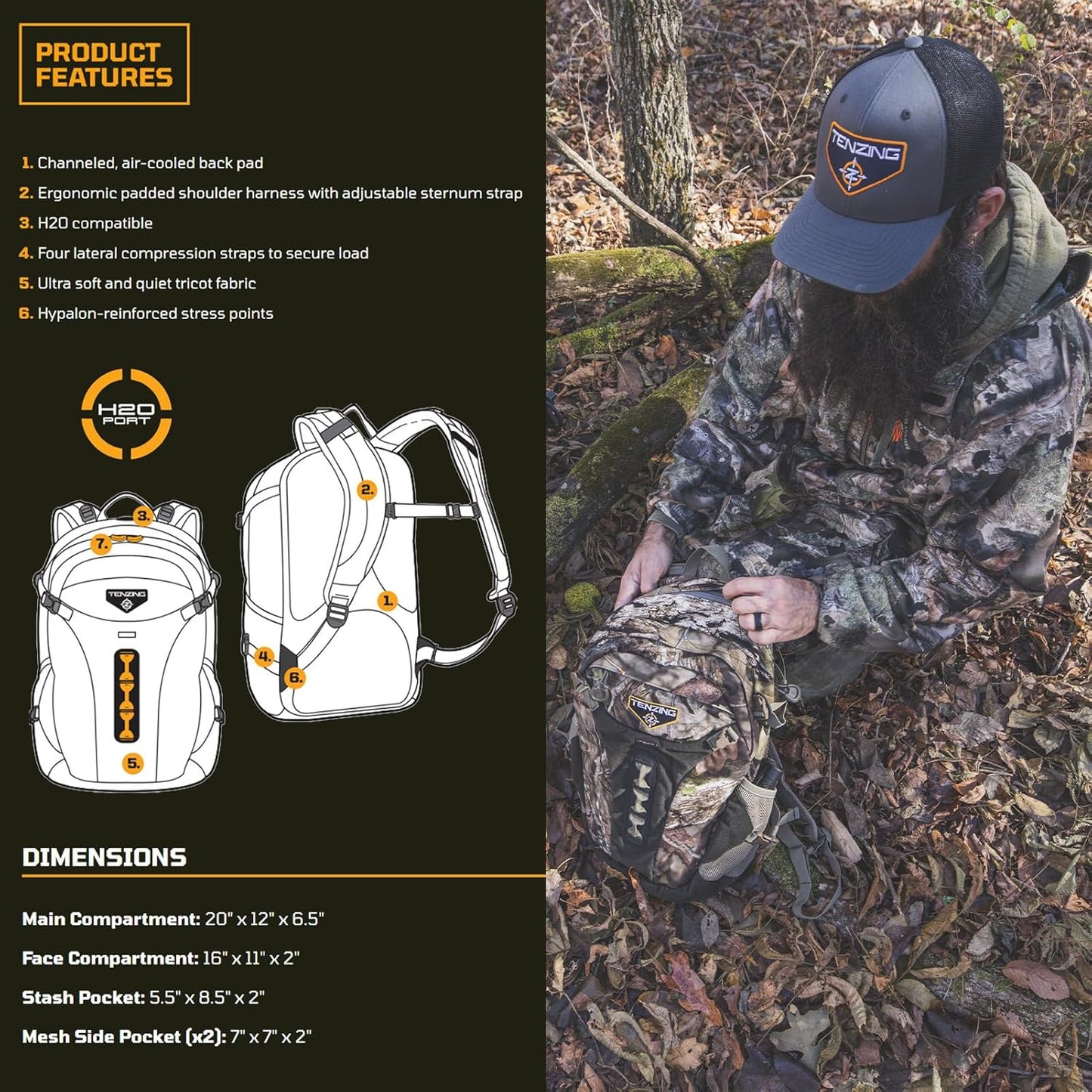 Tenzing Pace Day Pack, Mossy Oak Break-Up Country, 1,600-Cubic-Inch Low-Profile Ultra Soft Quiet Durable Hunting Backpack with Multiple Pockets & Water Reservoir Compartment