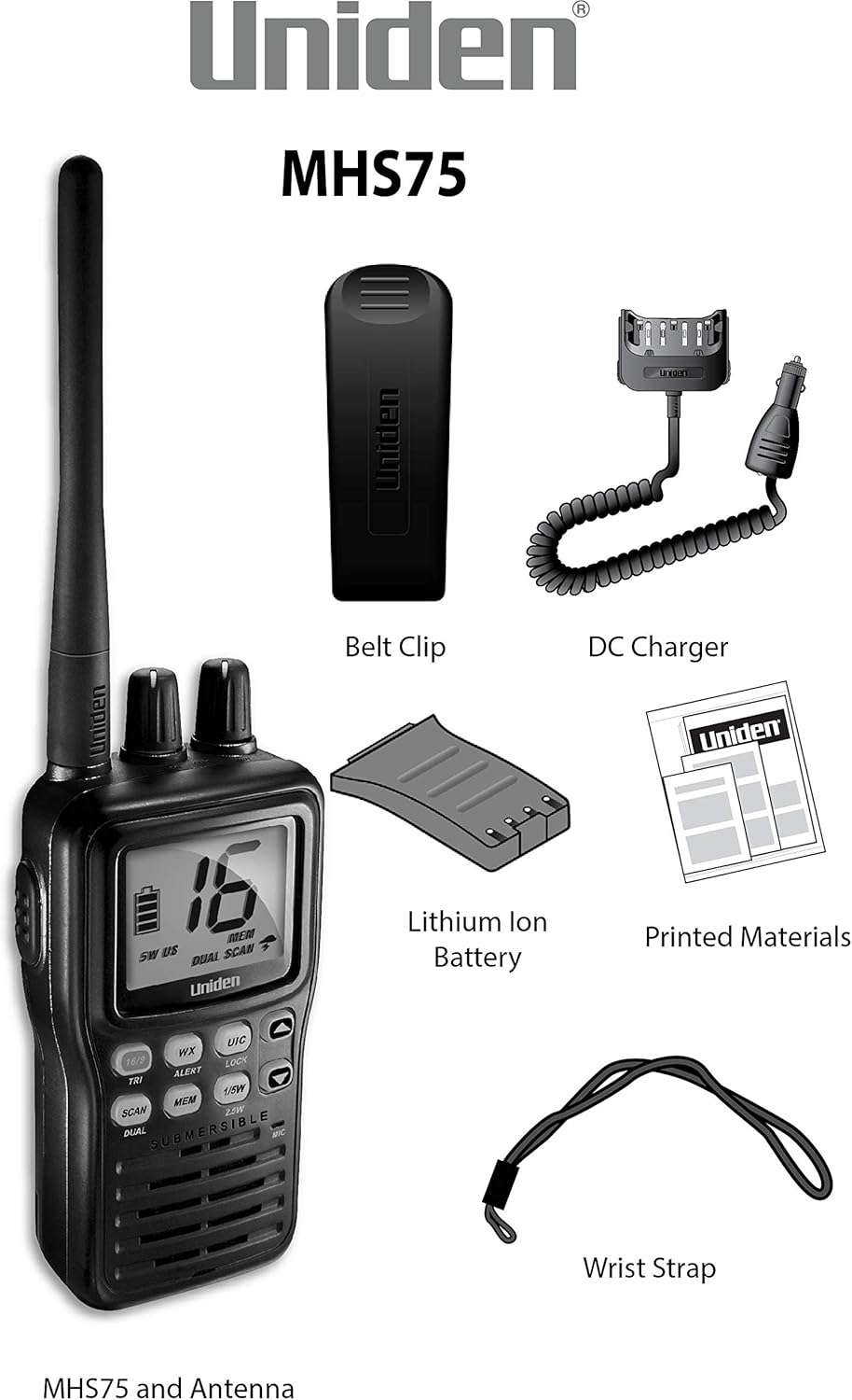 Uniden MHS75 Waterproof Handheld 2-Way VHF Marine radio, Submersible, Selectable 1/2.5/5 Watt Transmit Power. All USA/International and Canadian Marine Channels - Color Black