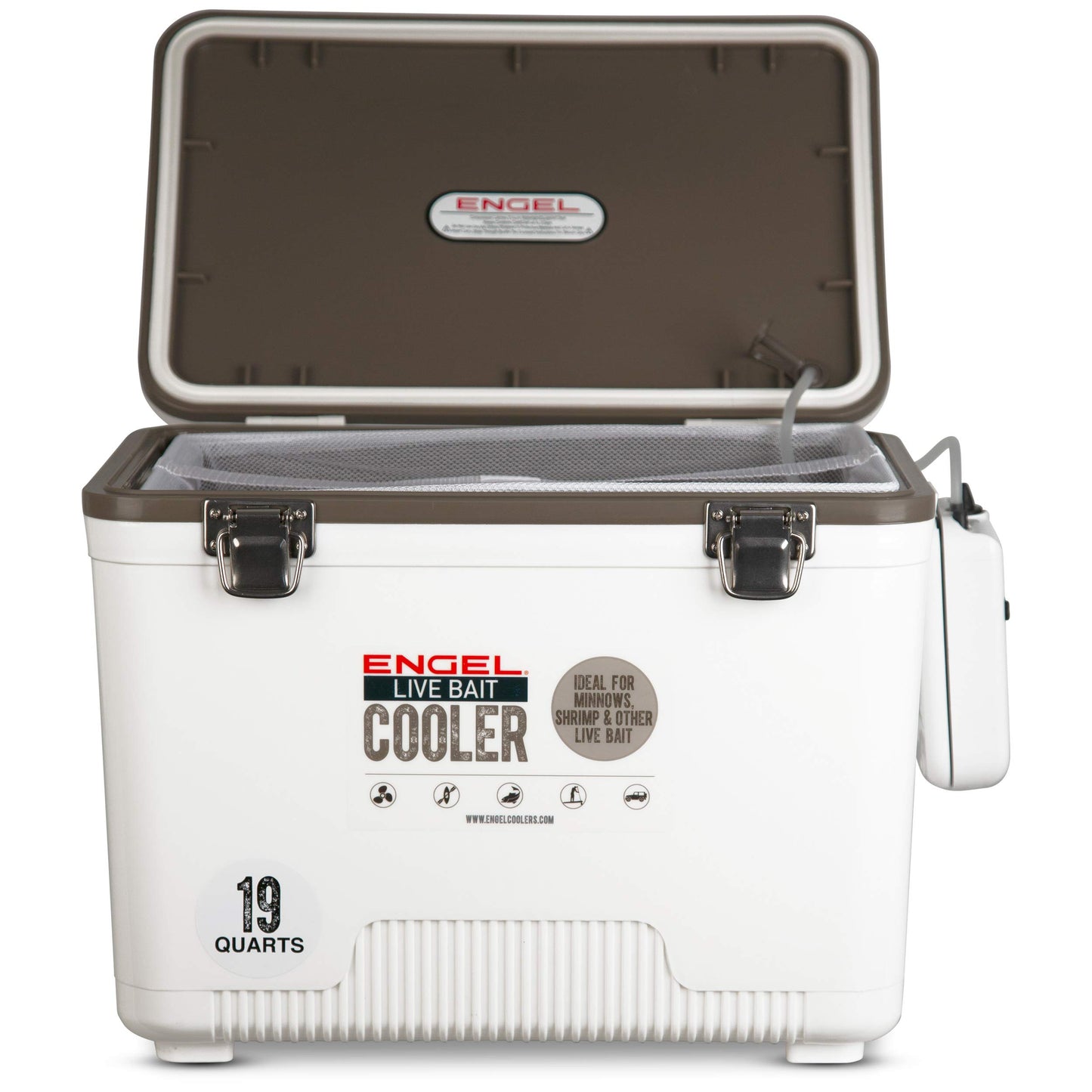 Engel Live Bait Cooler Box with 2nd Gen 2-Speed Aerator Pump - Portable Fishing Station & Minnow Bucket for Shrimp & Other Live Fish with Aerator - ENGLBC-N