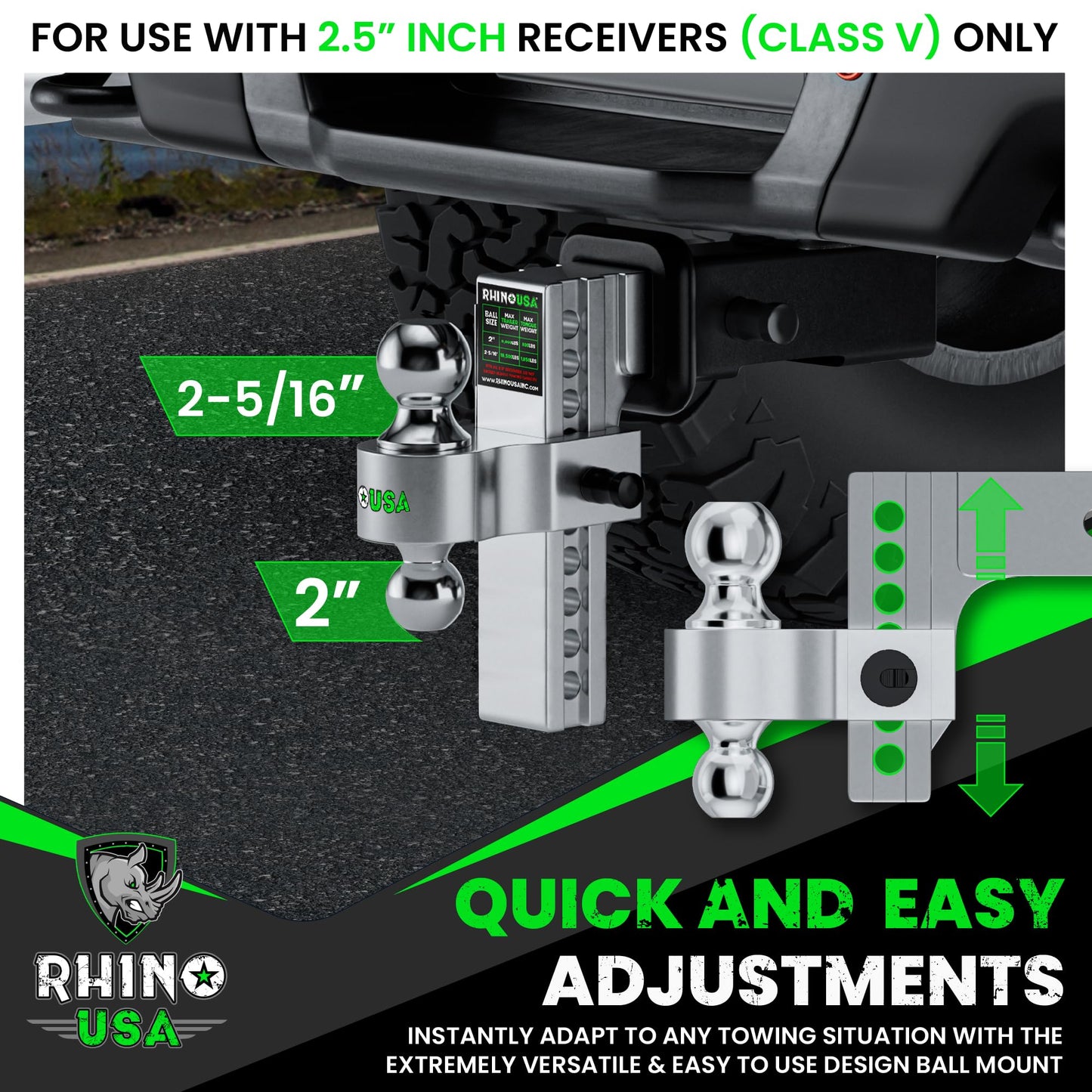 Rhino USA Adjustable Trailer Hitch (Fits 2-Inch Receiver) - Heavy Duty Aluminum Tow Hitches with 6-Inch Drop/Rise for Truck (12,500 LBS GTW) - Weatherproof Double Anti-Theft Locking Hitch Pins (Black)