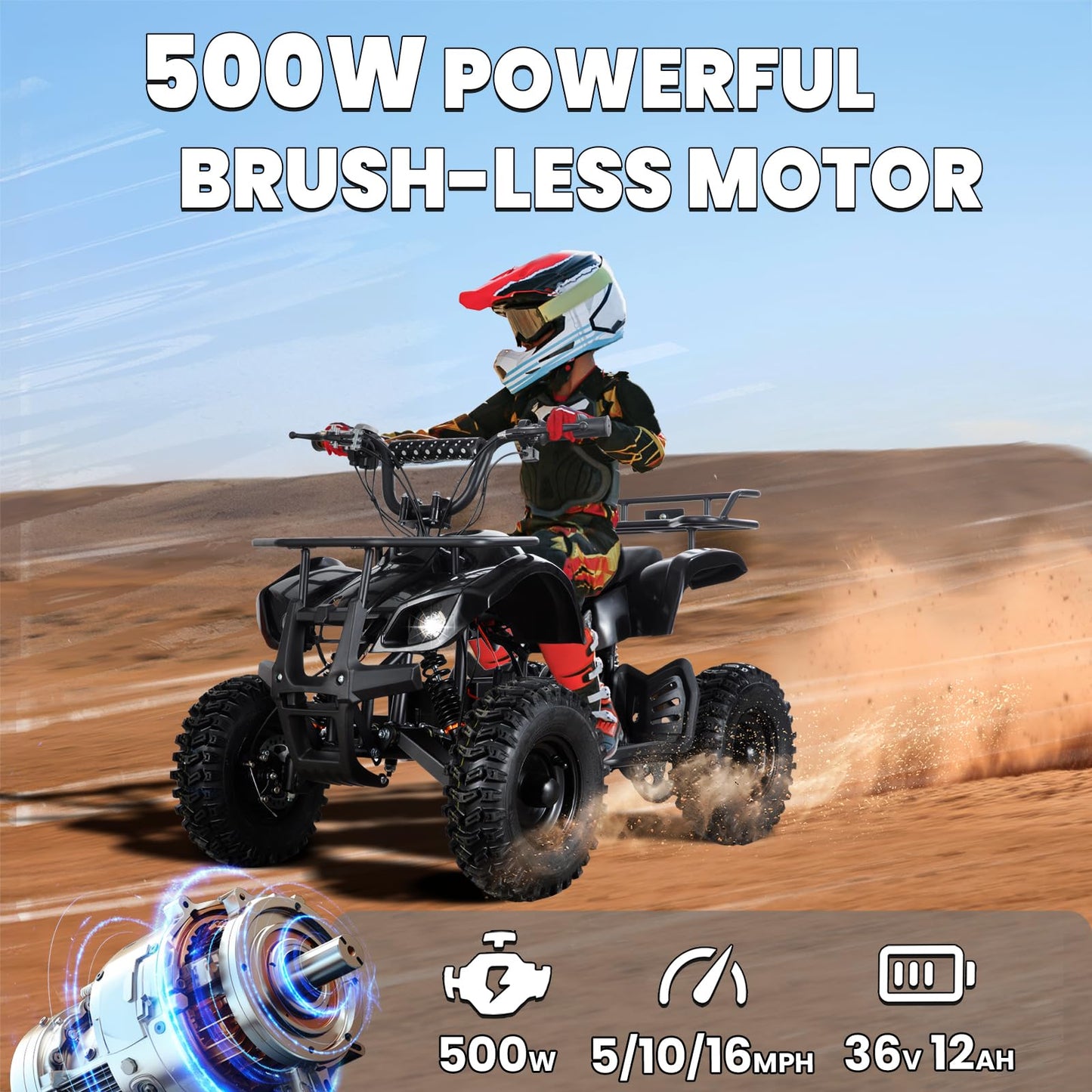 36V Electric ATV Dirt Quad Electric Four-Wheeled ATV with 500W Brushless Powerful Motor Off-Road Vehicle Electric Kids ATV Ride on ATV for Big Boys Girls Ages 5+, Black