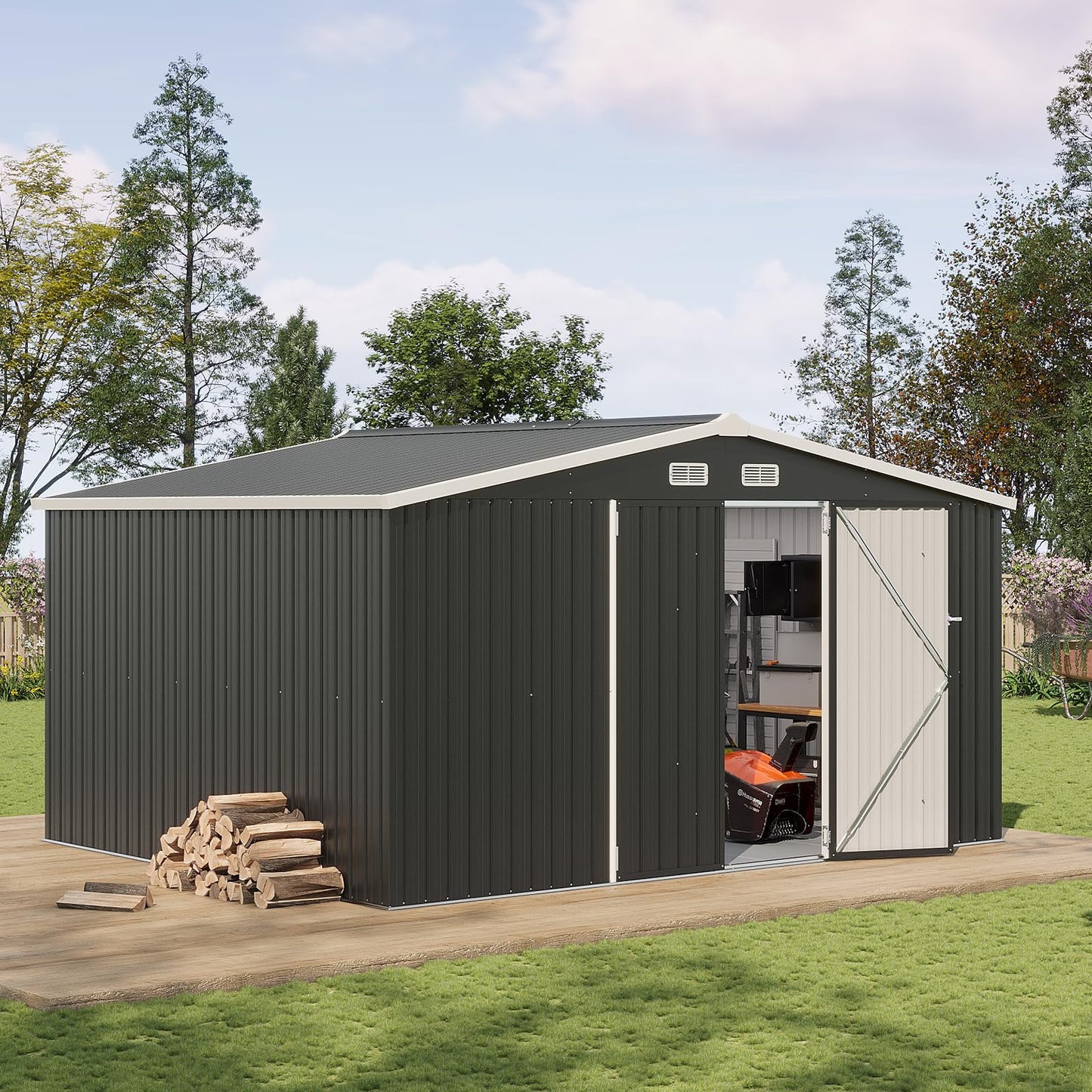 Aoxun 12x10 FT Shed Metal Outdoor Waterproof Storage Shed Steel Utility Garden Tool Shed with Door & Lock Outdoor Storage for Garden Patio Lawn Poolside, Brown