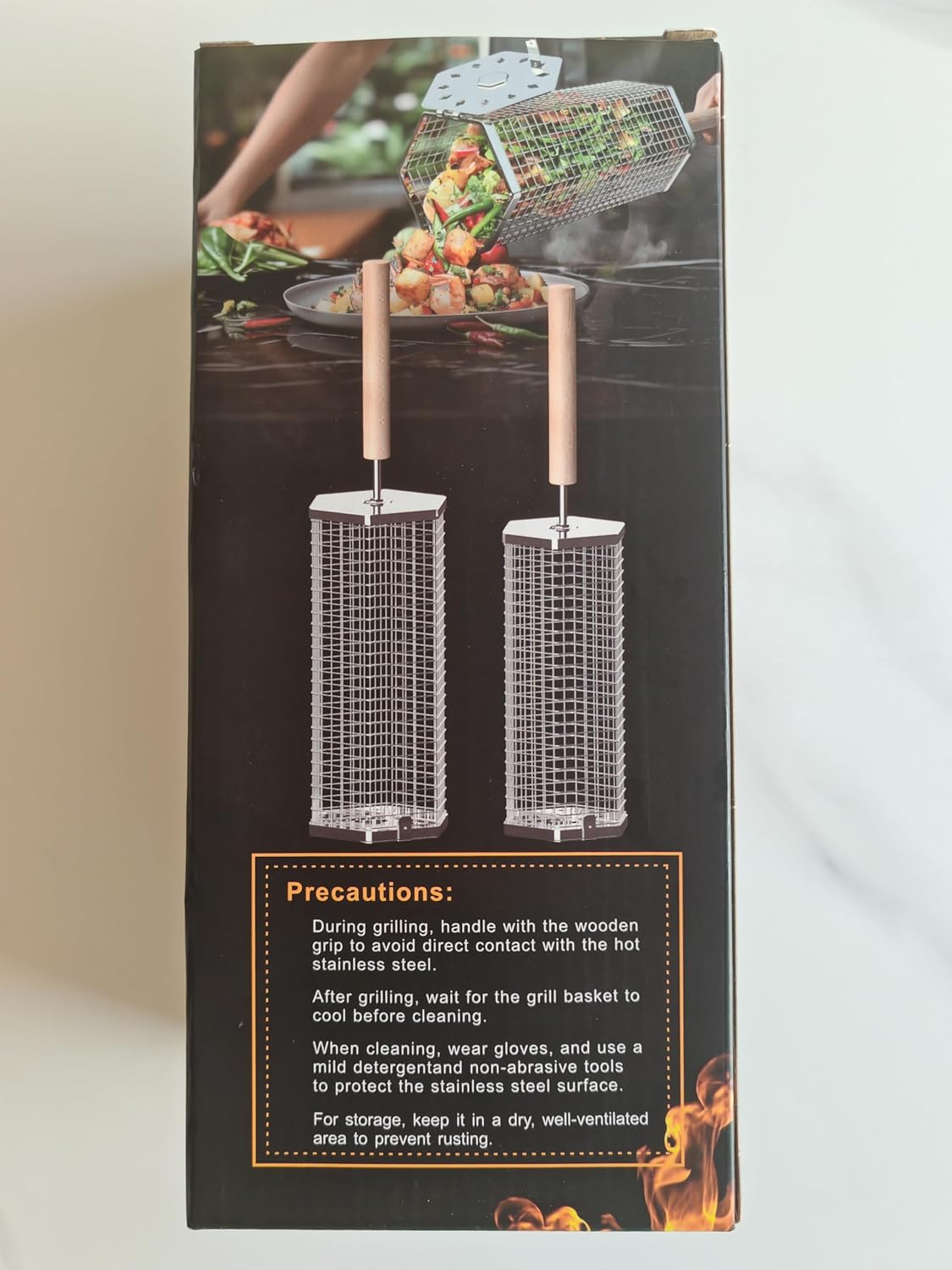 Rolling Grill Baskets(2PCS, Hexagon), Removable Wooden Handle, 304 Stainless Steel, Nesting Grilling Net, BBQ Accessories Tools for Vegetables Shrimp, Outdoor Cooking Camping, Birthday Gifts for Men Dad Husband