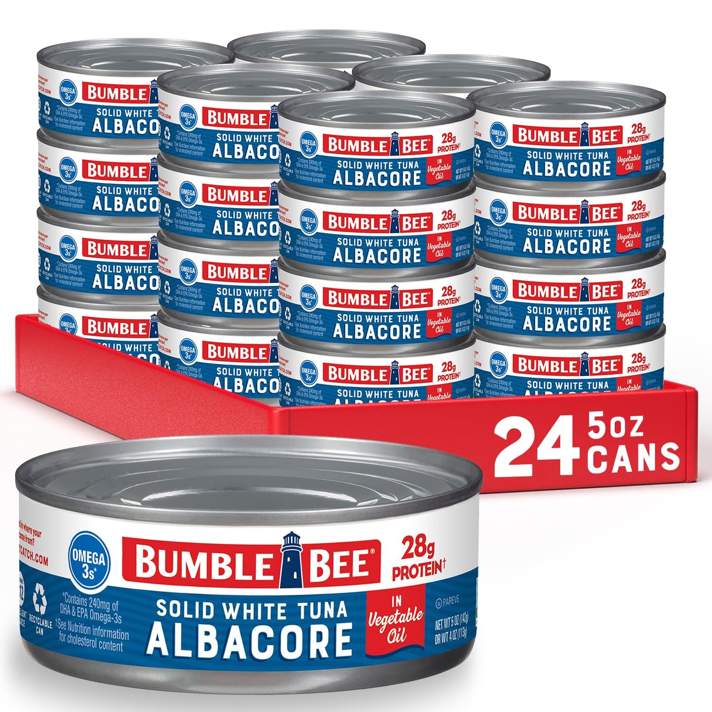 Bumble Bee Solid White Albacore Tuna in Water, 5 oz Can (Pack of 8) - Wild Caught Tuna - 29g Protein per Serving, High in Omega-3s - Non-GMO Project Verified, Gluten Free, Kosher