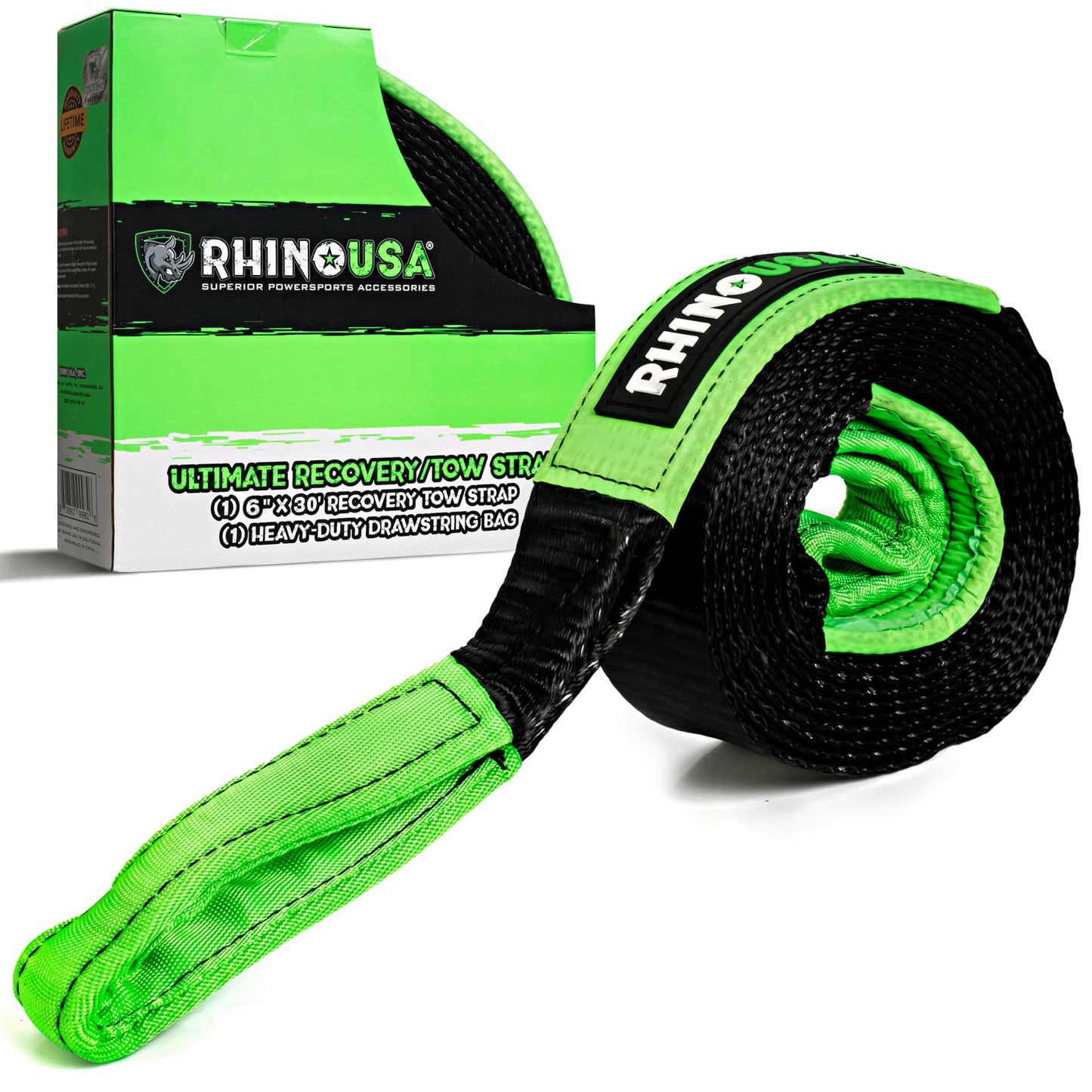 Rhino USA Recovery Tow Strap (3" x 20') - 31,518lb Break Strength - Emergency Recovery Strap Tow Rope for Truck, UTV, ATV & More - Heavy Duty Towing Strap for Offroad 4x4 Use - Compatible with Jeep