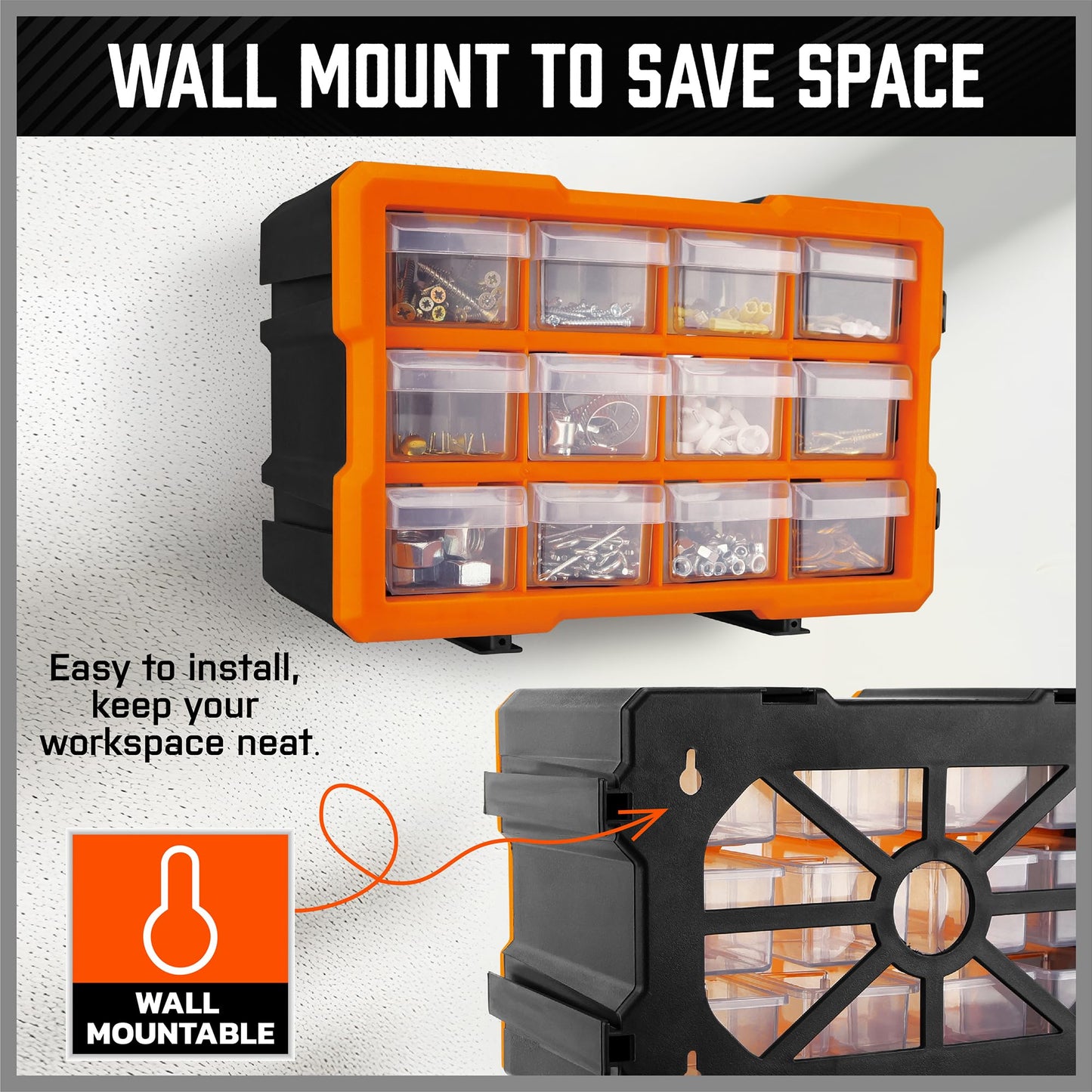 HORUSDY Wall Mounted Storage Bins Parts Rack 30PC Organizer Garage Plastic Shop Tool for Men's Gift, Blue,Orange,Red