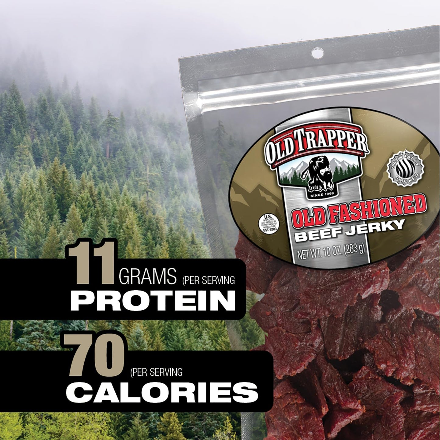 Old Trapper Beef Jerky, Old-Fashioned 10-Ounce Bag, Tender Meat Snacks for Lunches or Between Meals, 11 Grams of Protein, Zero Grams of Fat, and 70 Calories per Ounce (Pack of One)