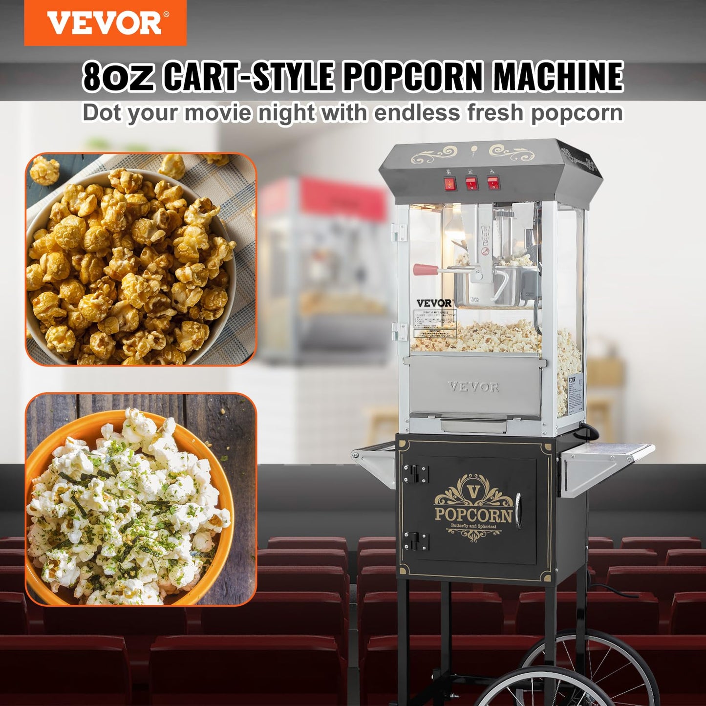 VEVOR Commercial Popcorn Machine, 8 Oz Kettle, 850 W Countertop Popcorn Maker for 48 Cups per Batch, Theater Style Popper with 3-Switch Control Steel Frame Tempered Glass Doors 2 Scoops 2 Spoons, Red