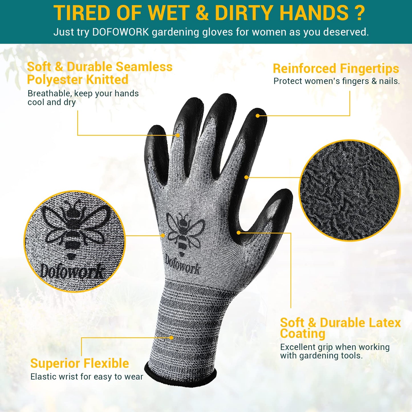 DOFOWORK Gardening Gloves - 6 Pair Gardening Gloves for Women/Men, Breathable Natural Latex Garden Glove with Grip, Outdoor Protective Working Glove for Weeding, Raking and Pruning - Black & Green