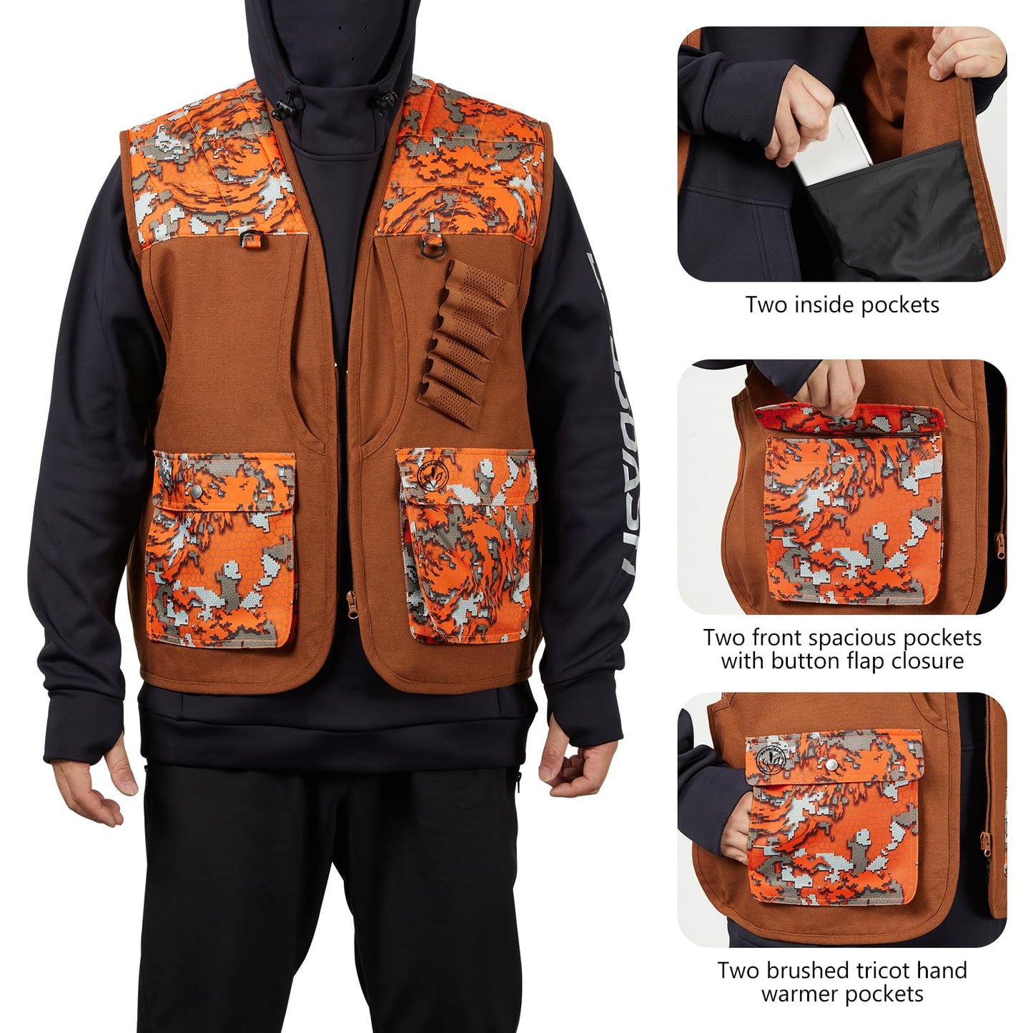 BASSDASH Upland Game Field Water-Resistant Bird Hunting Vest with Multi Pockets Brown/Orange Men Women FV11
