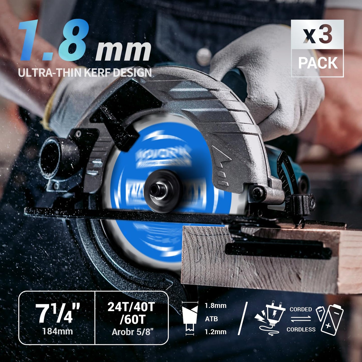 Circular Saw Blade 7-1/4" 24T&40T&60T, Saw Blade with Arbor 5/8", ATB Circular Saw Blade, Professional for Wood Cutting, 3-Pack