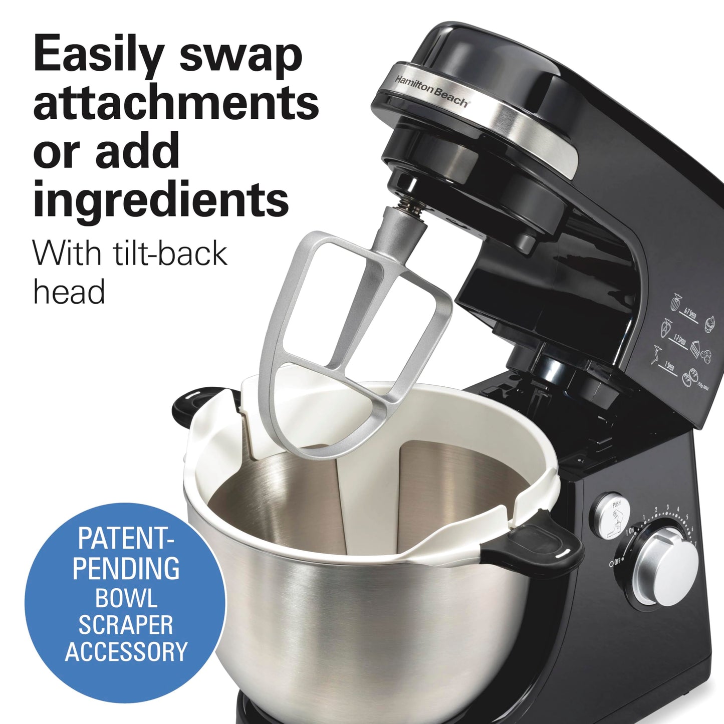 Hamilton Beach Electric Stand Mixer, 4 Quarts, Dough Hook, Flat Beater Attachments, Splash Guard 7 Speeds with Whisk, Black