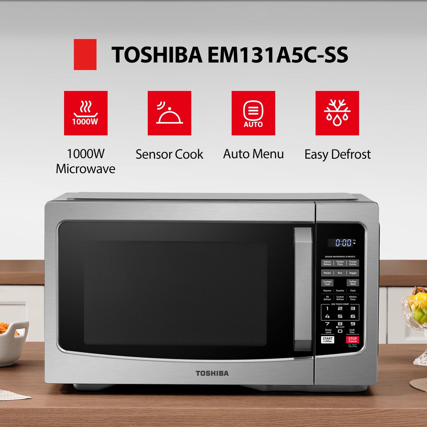 TOSHIBA ML-EM45PIT(BS) Countertop Microwave Oven with Inverter Technology, Kitchen Essentials, Smart Sensor, Auto Defrost, 1.6 Cu.ft, 13.6" Removable Turntable, 33lb.&1250W, Black Stainless Steel