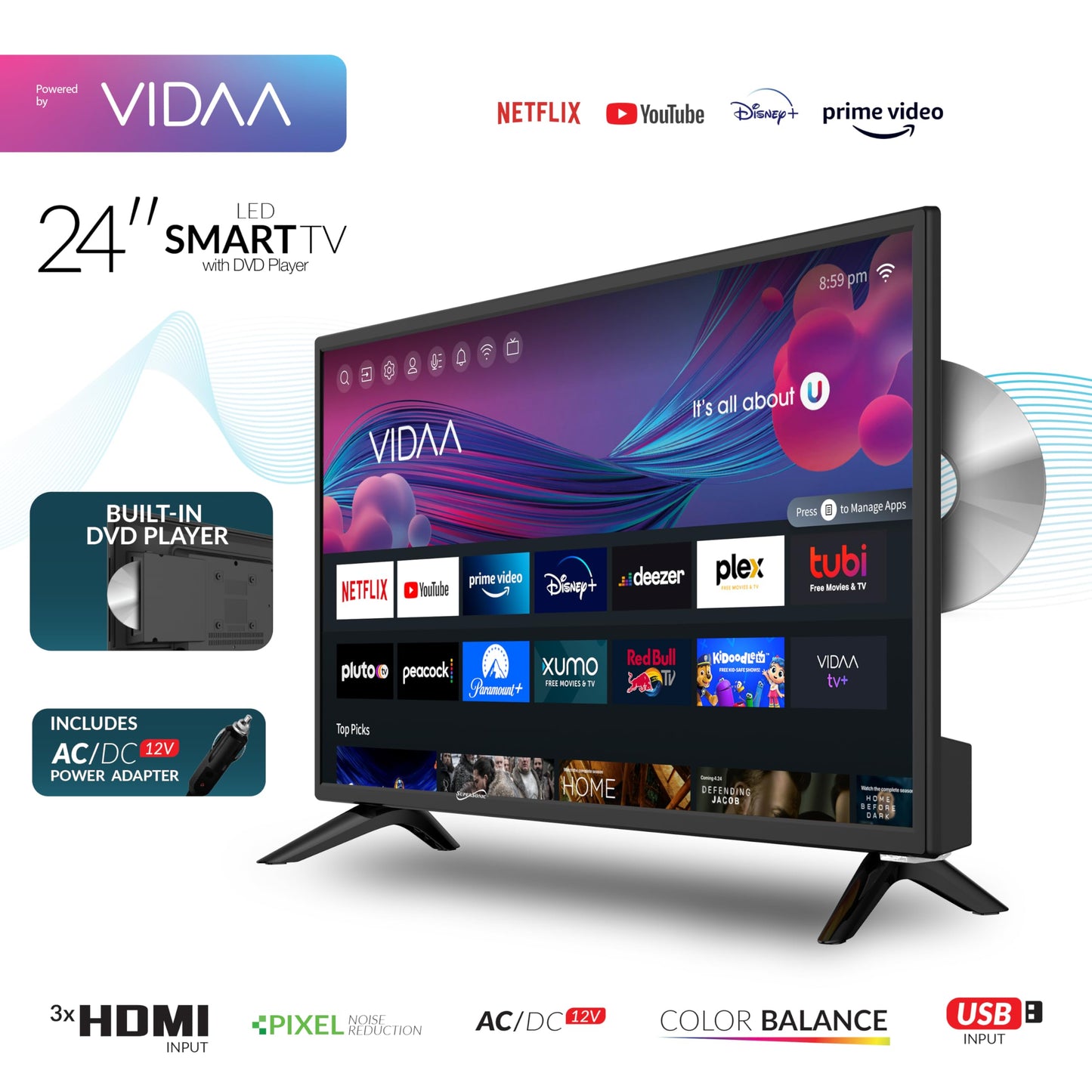 Supersonic SC-2426SDVD 24-inch LED Smart HDTV w/DVD Player, ATSC & NTSC System, 3X HDMI, 1080p, WiFi, USB, Multi Language OSD, AC/DC Compatible for Home, Kitchen, or RV Camper, DC Car Cord Included