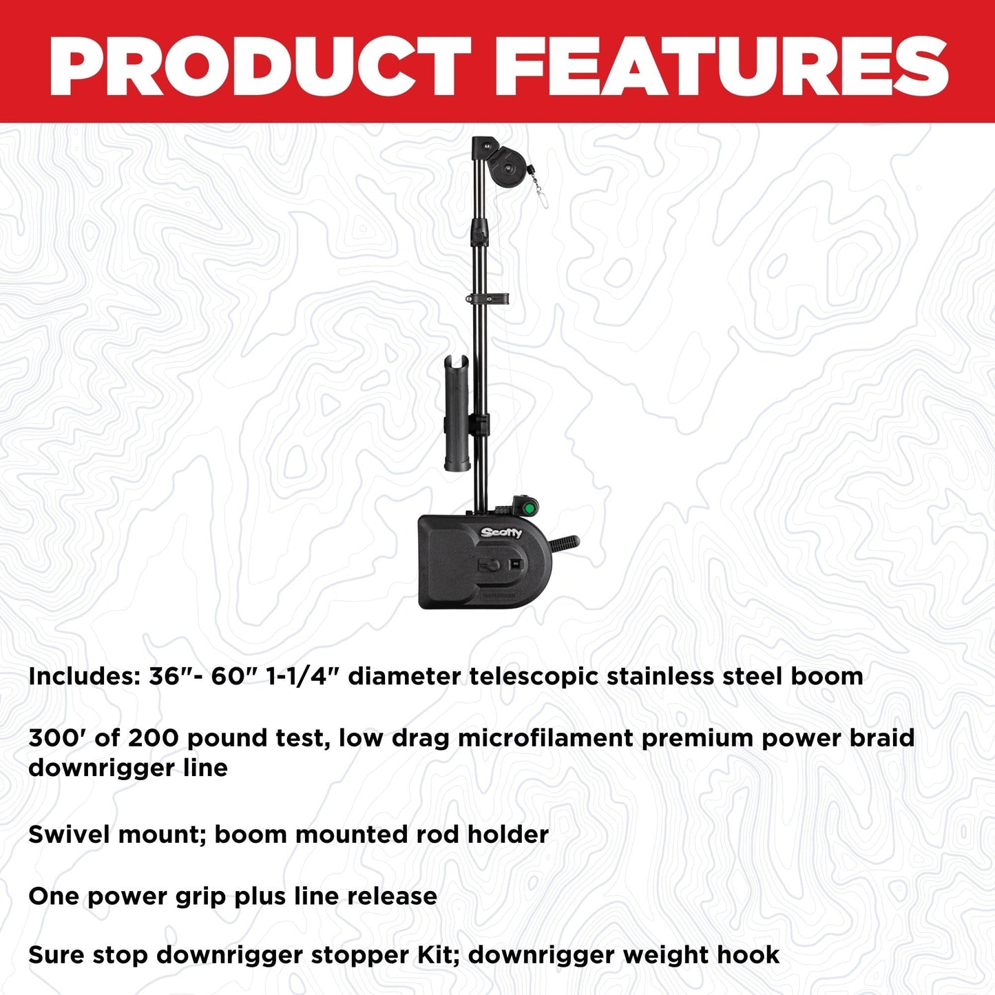 Scotty #1106B Depthpower Electric Downrigger w/ 60-Inch Telescopic Boom & Swivel Base, Rod Holder, Braided Line BLACK