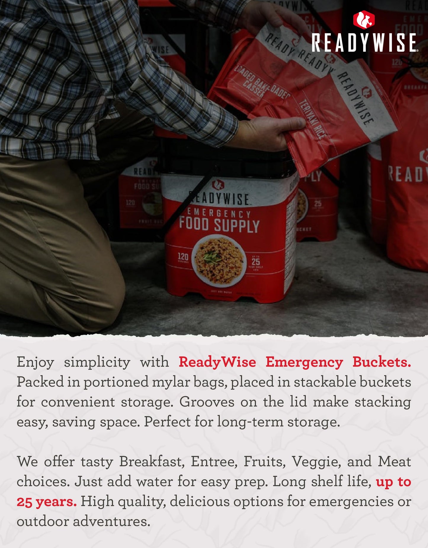 READYWISE - Emergency Food Supply Bucket, 120 Servings, MRE Meal Food Supply, Premade, Freeze Dried Survival Rations for Hiking, Adventure & Camping Essentials, Individually Packaged, 25 Year Shelf Life
