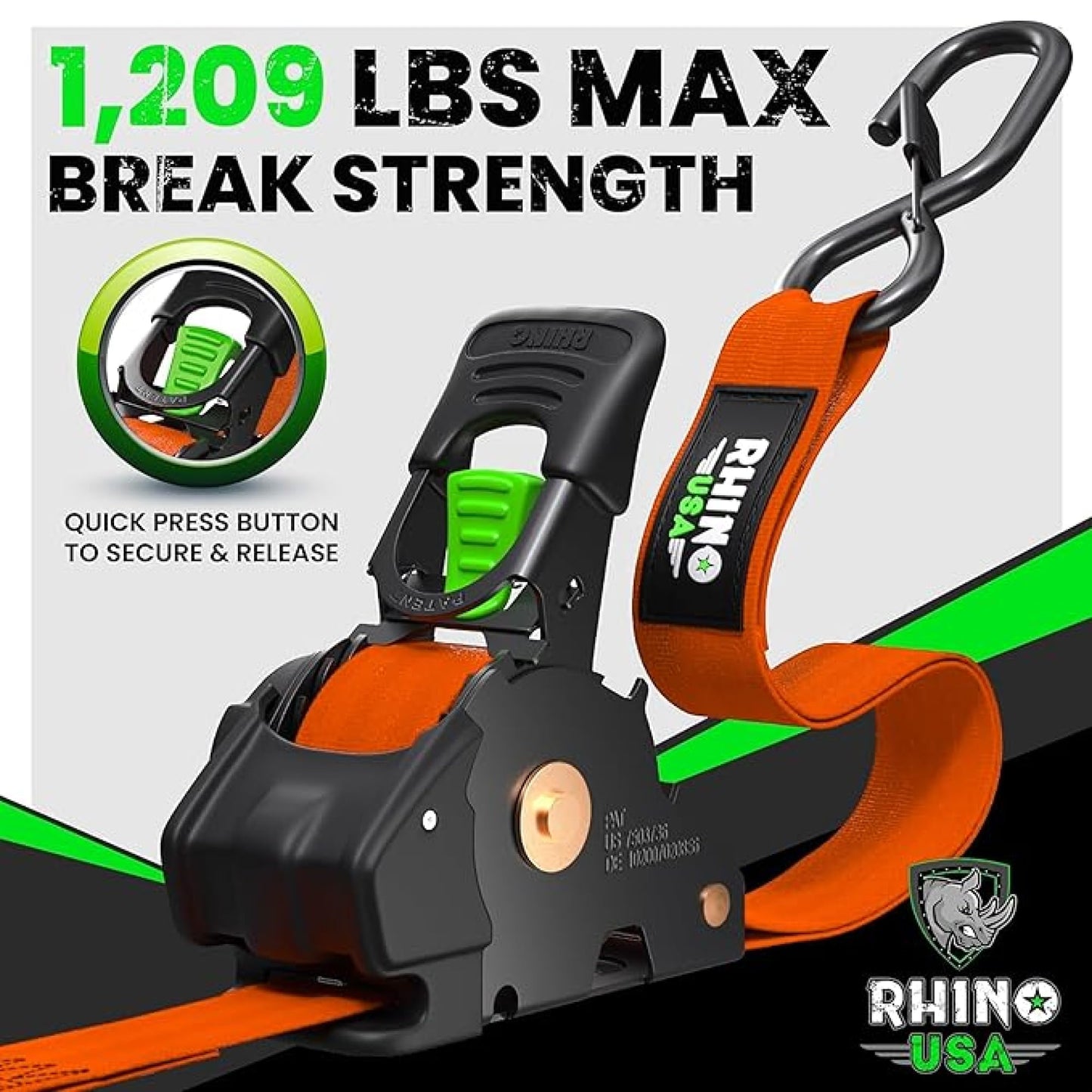 Rhino USA Retractable Ratchet Straps (4-Pack) - 1 Inch x 10 Feet (1,209lb Break Strength) - Heavy Duty Auto Self Retracting Tie Down Straps for Truck, Cargo Trailer, Motorcycle, Rad & More - Black