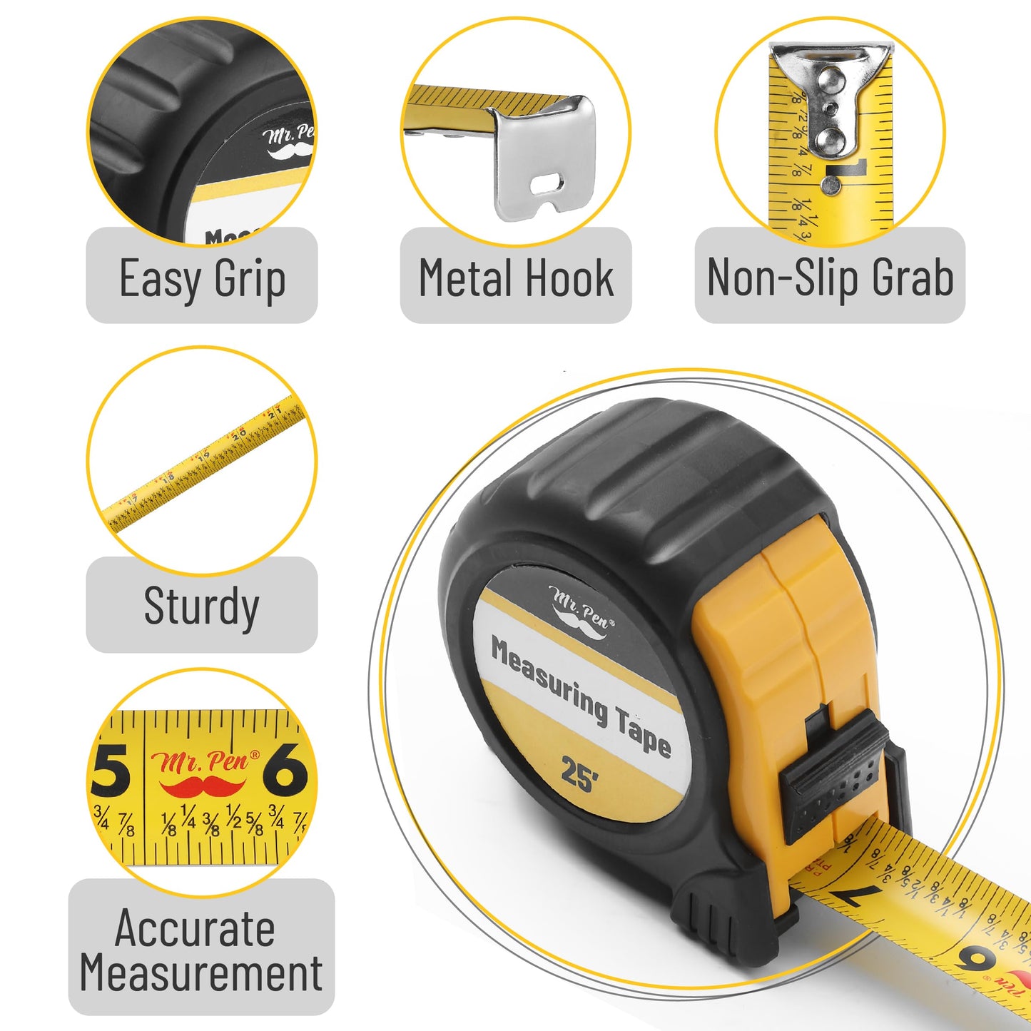 Mr. Pen 25-Foot Steel Retractable Tape Measure with Easy Read Fractions