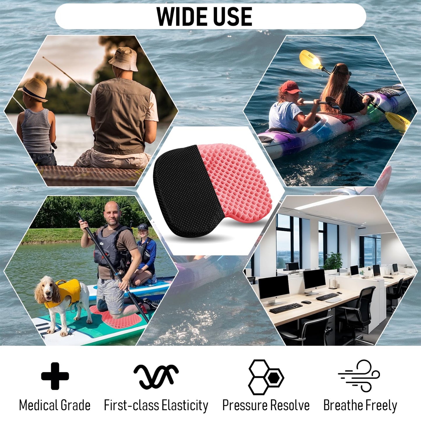 Kayak Seat Cushion, Thicken Anti Slip Waterproof Gel Kayak Seat, Portable Canoe Rowing Rubber Dinghy Pad for Stadium Sit in Kayak Inflatable Fishing Kayak Canoe Kayak Accessories