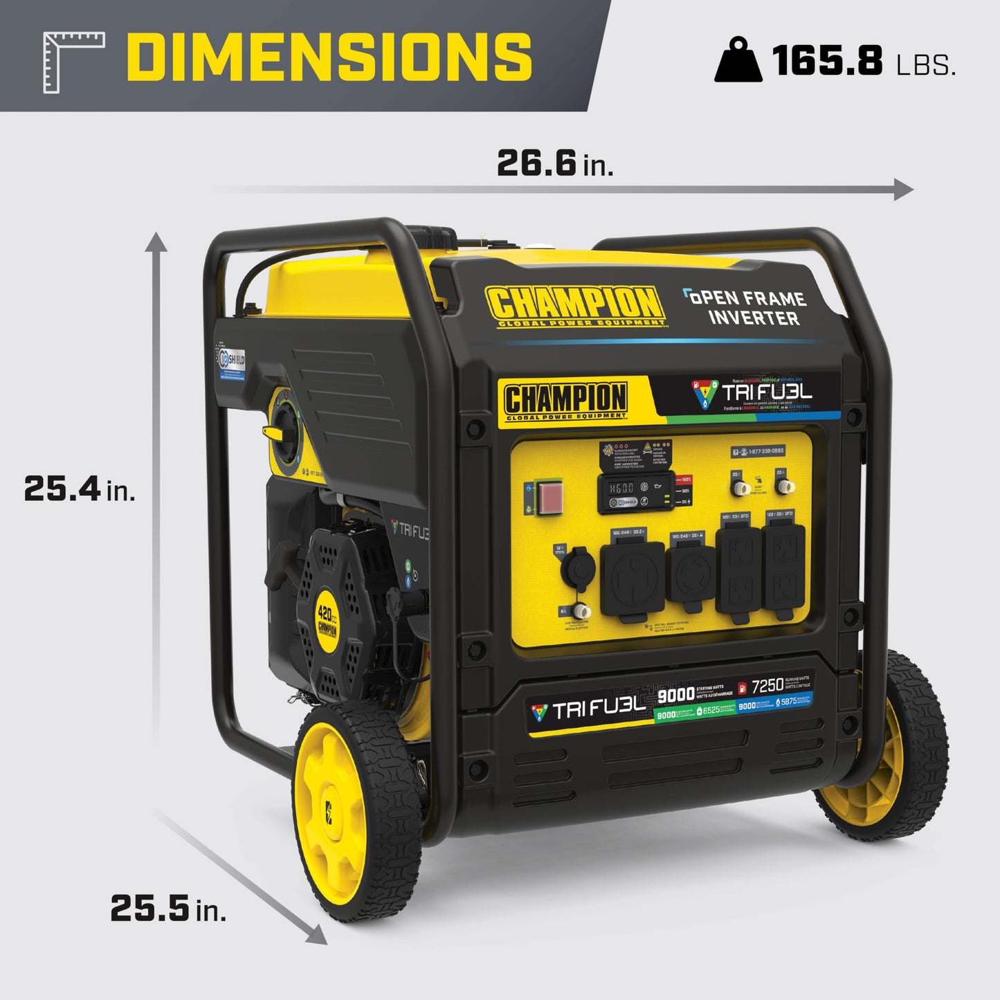 Champion Power Equipment 9000-Watt Electric Start Tri Fuel Home Backup Portable Open Frame Inverter Generator with Quiet Technology and CO Shield
