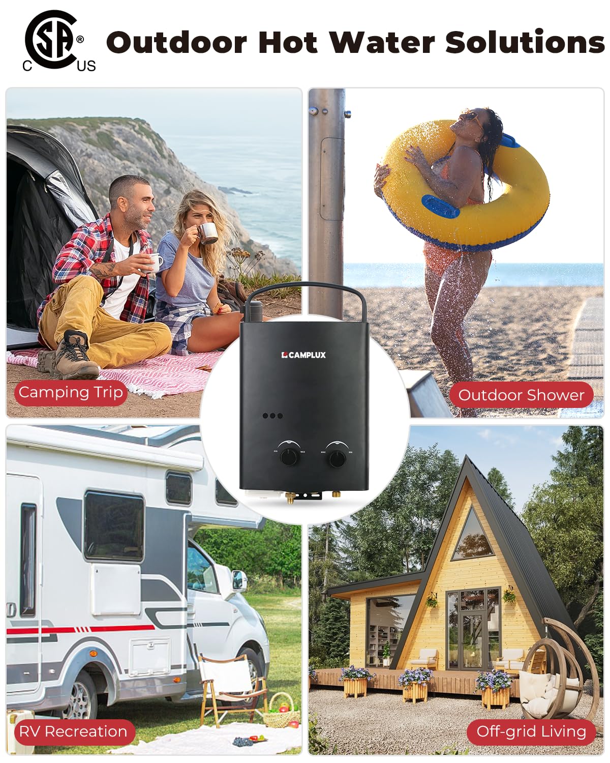 CAMPLUX Tankless Water Heater Outdoor, 1.32 GPM Portable Propane Camping Water Heater, 5L, AY132, White