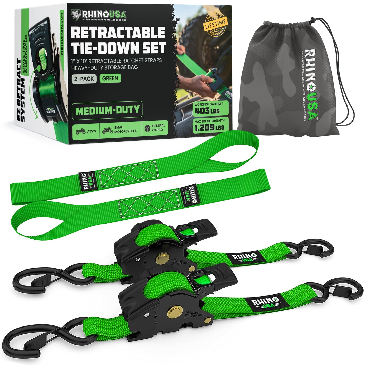 Rhino USA Retractable Ratchet Straps (4-Pack) - 1 Inch x 10 Feet (1,209lb Break Strength) - Heavy Duty Auto Self Retracting Tie Down Straps for Truck, Cargo Trailer, Motorcycle, Rad & More - Black
