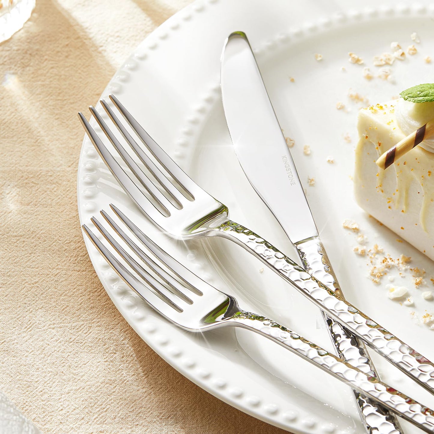 KINGSTONE 40 Piece Hammered Silverware Set, 18/10 Stainless Steel Flatware Set for 8, Cutlery Set for Home, Party, Wedding, Mirror Polished Dishwasher Safe