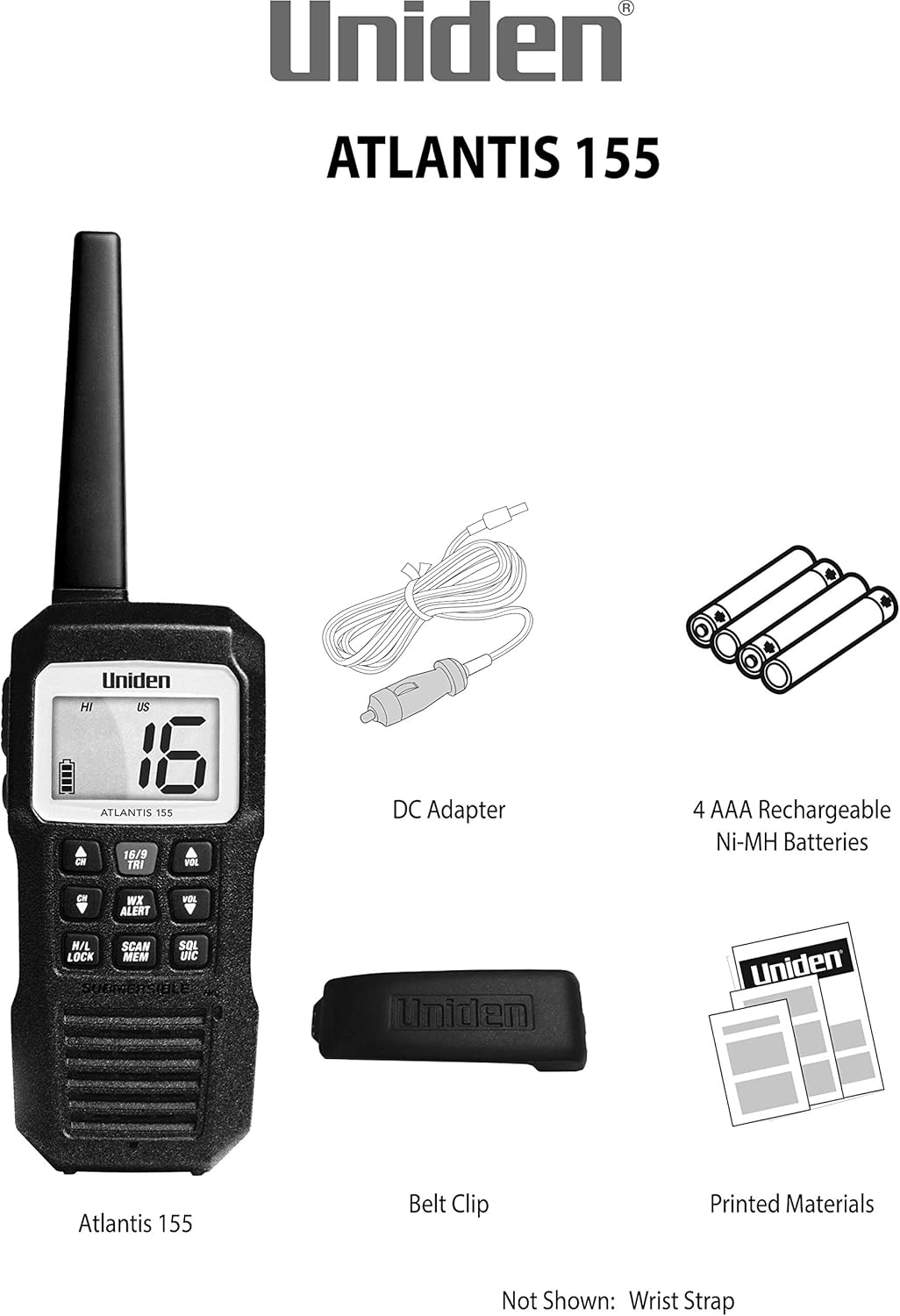 Uniden Atlantis 155 Handheld Two-Way VHF Marine Radio, Floating IPX8 Submersible Waterproof, Dual-Color Screen, All USA/International/Canadian Marine Channels, NOAA Weather Alert, 10 Hour Battery