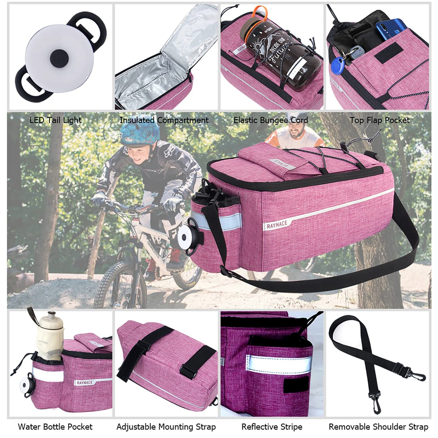 RAYMACE Bike Rear Rack Bag with Tail Light, Bike Truck Cooler Bag for Warm or Cold Items