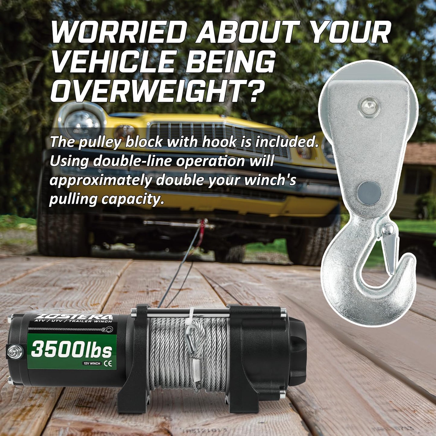 3500lbs ATV/UTV Winch with Synthetic Rope, Electric Boat Trailer Winch 12V, Waterproof Winch with 2 Wireless Remotes &Wired Switch,with Mounting Plate,Pulley,Rope Damper,Aluminium Fairlead
