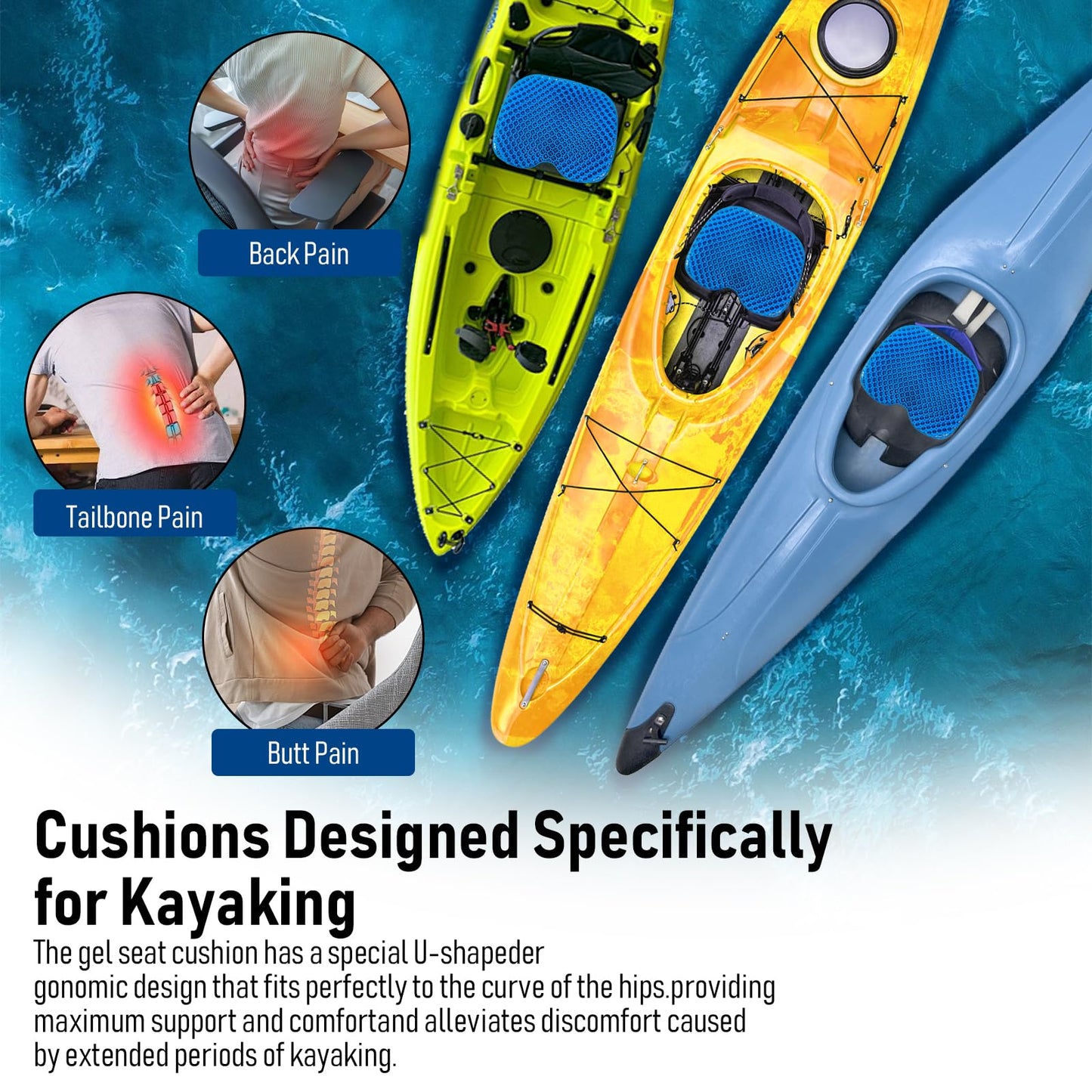 Kayak Seat Cushion, Thicken Anti Slip Waterproof Gel Kayak Seat, Portable Canoe Rowing Rubber Dinghy Pad for Stadium Sit in Kayak Inflatable Fishing Kayak Canoe Kayak Accessories