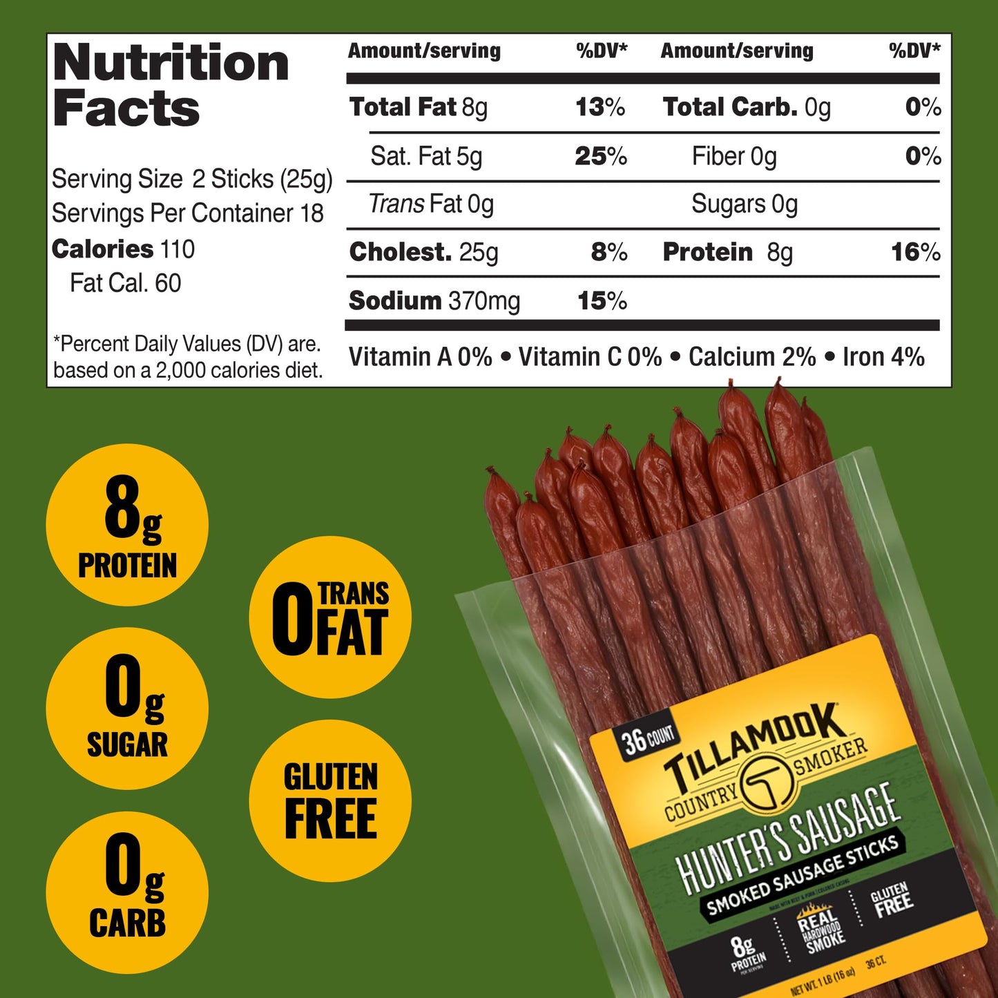 Tillamook Country Smoker Real Hardwood Smoked Sausages, Pepper, 15.2 Ounce Tall Jar, 20 Count