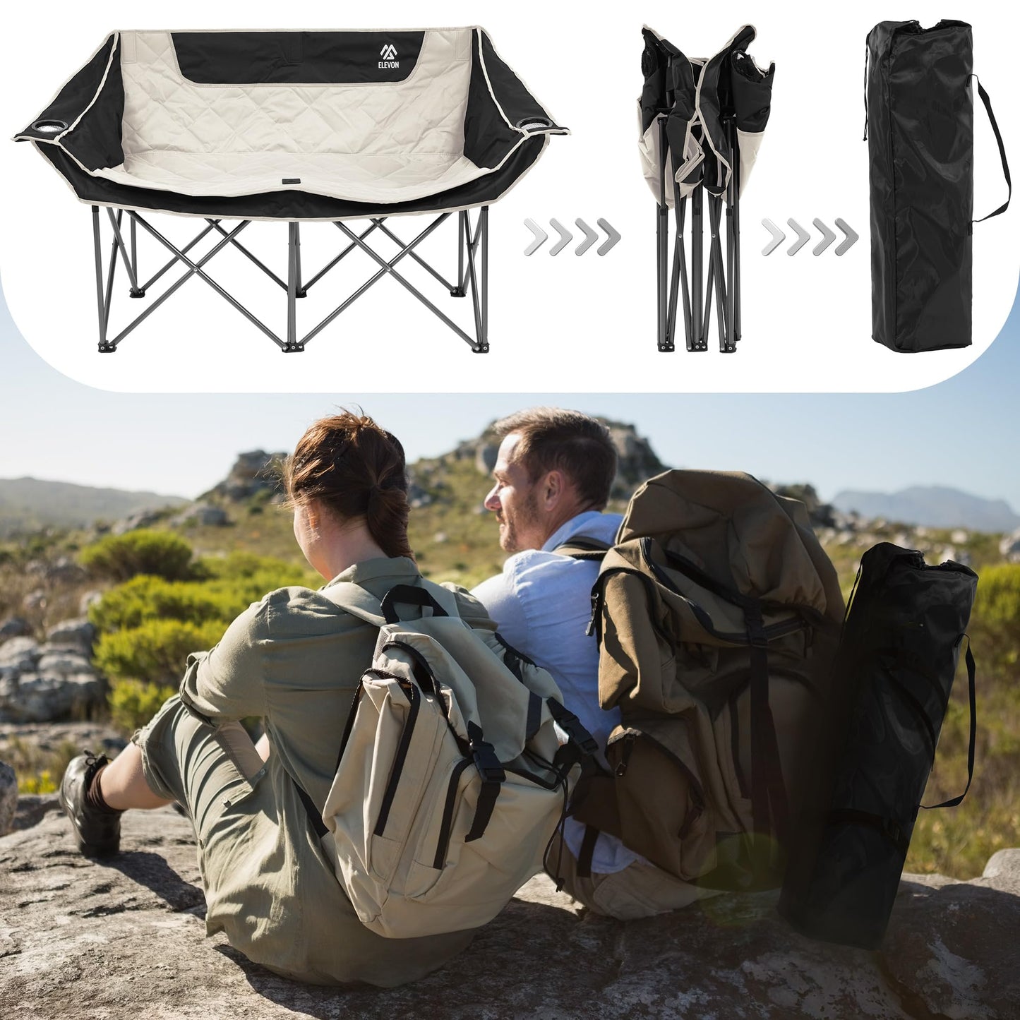 Camping Chair, Oversized Loveseat Double 2 Person Outdoor Chair with Arms, Cup Holder and Carry Bag, Heavy-Duty Collapsible Chair for Outside,Black/Gray