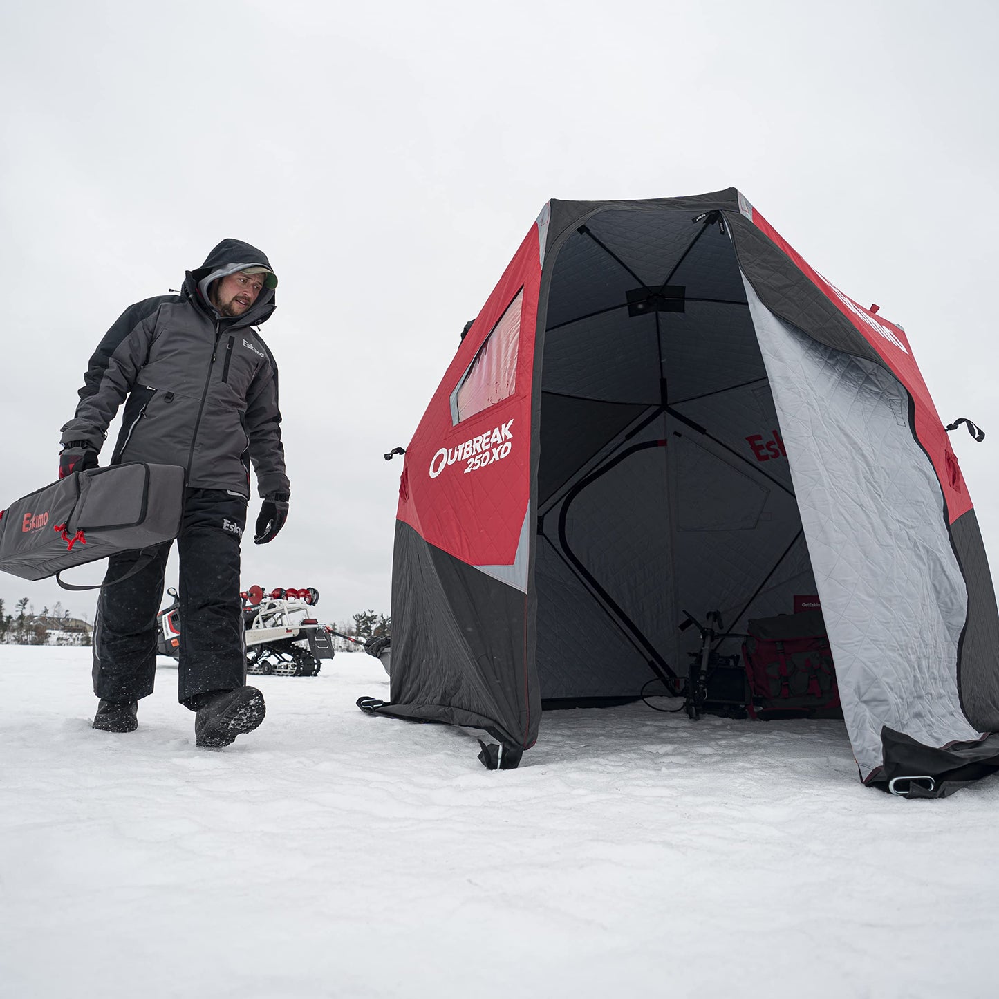 Eskimo Outbreak Portable Pop-Up Ice Fishing Shelter, Stormshield Insulated Fabric, No Trip Door, Durable Hub Design, Deluxe Tie Downs, Red/Black