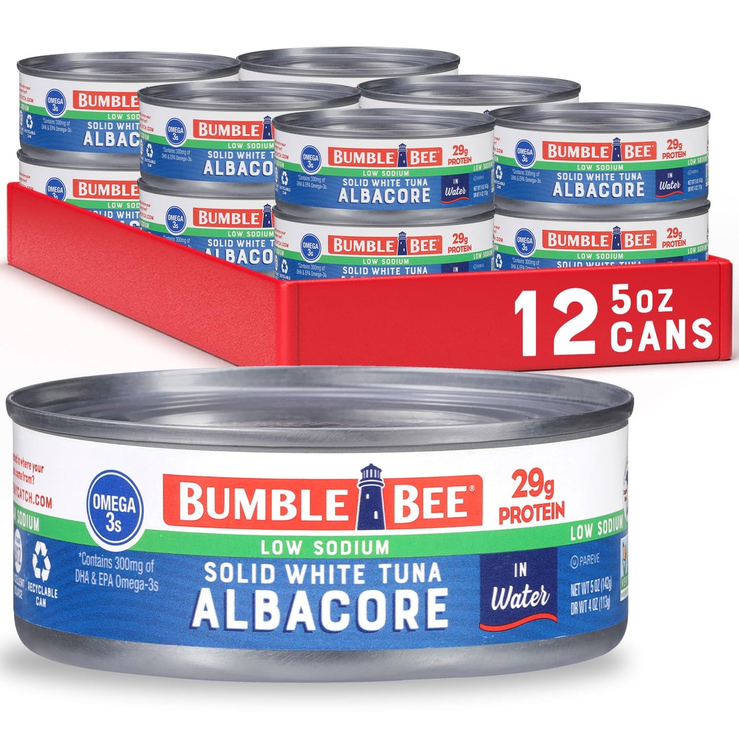 Bumble Bee Solid White Albacore Tuna in Water, 5 oz Can (Pack of 8) - Wild Caught Tuna - 29g Protein per Serving, High in Omega-3s - Non-GMO Project Verified, Gluten Free, Kosher