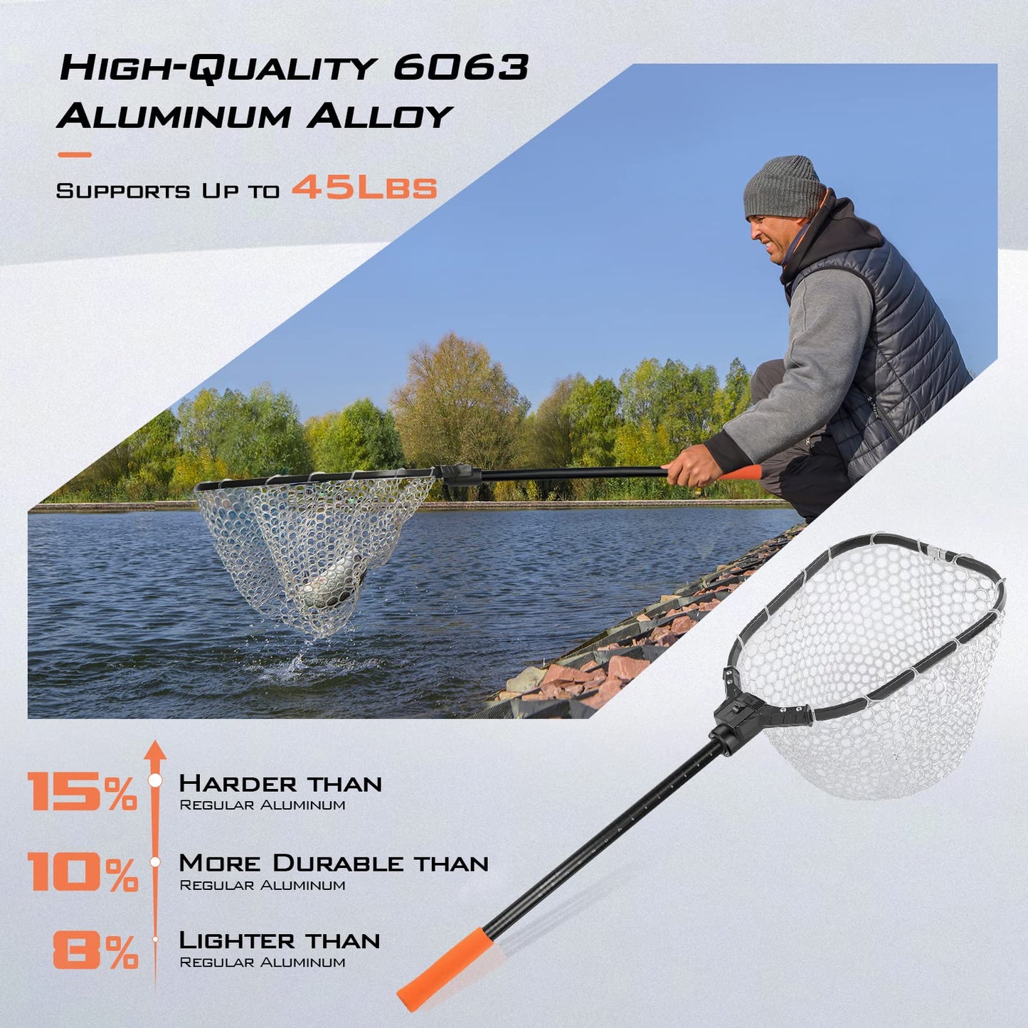 KastKing Brutus Fishing Net, Foldable Extendable Fish Landing Net, Lightweight & Portable Fishing Net with Soft EVA Foam Handle, Holds up to 44lbs/20KG, Fish-Friendly Mesh for a Safe Release