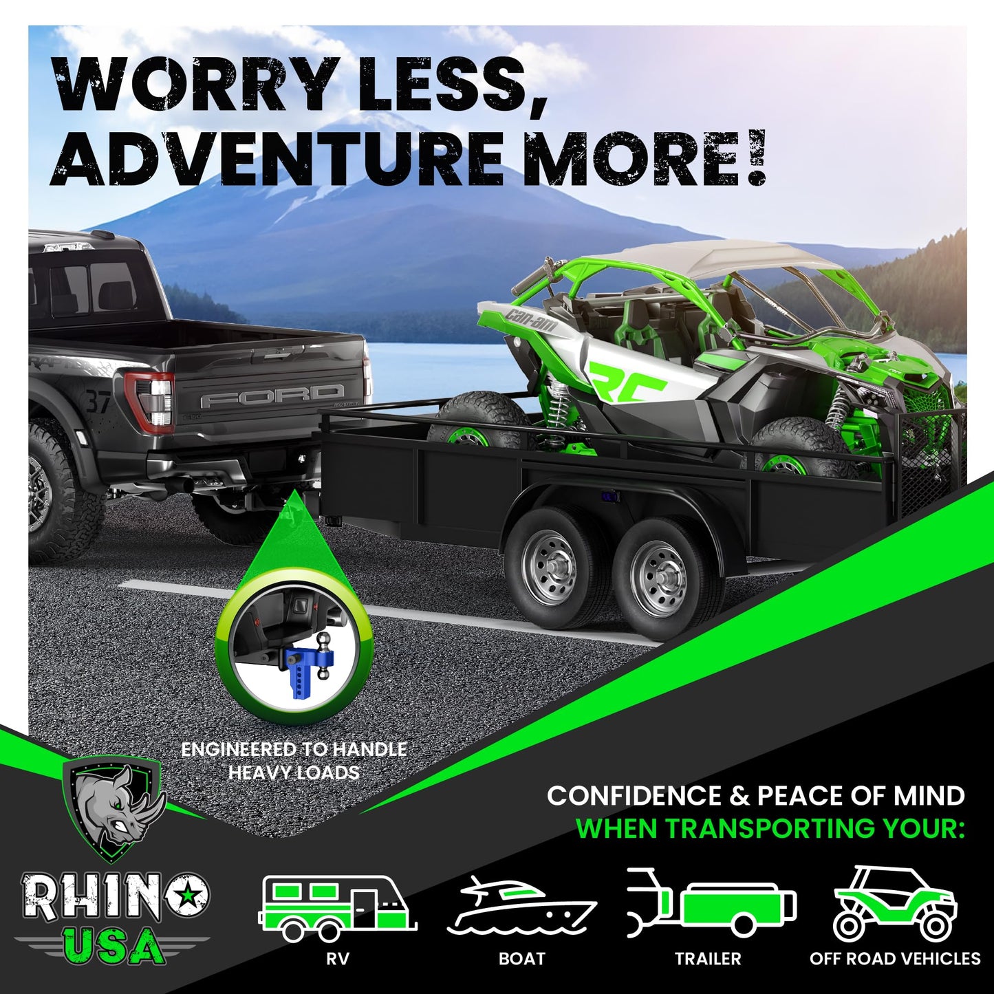 Rhino USA Adjustable Trailer Hitch (Fits 2-Inch Receiver) - Heavy Duty Aluminum Tow Hitches with 6-Inch Drop/Rise for Truck (12,500 LBS GTW) - Weatherproof Double Anti-Theft Locking Hitch Pins (Black)