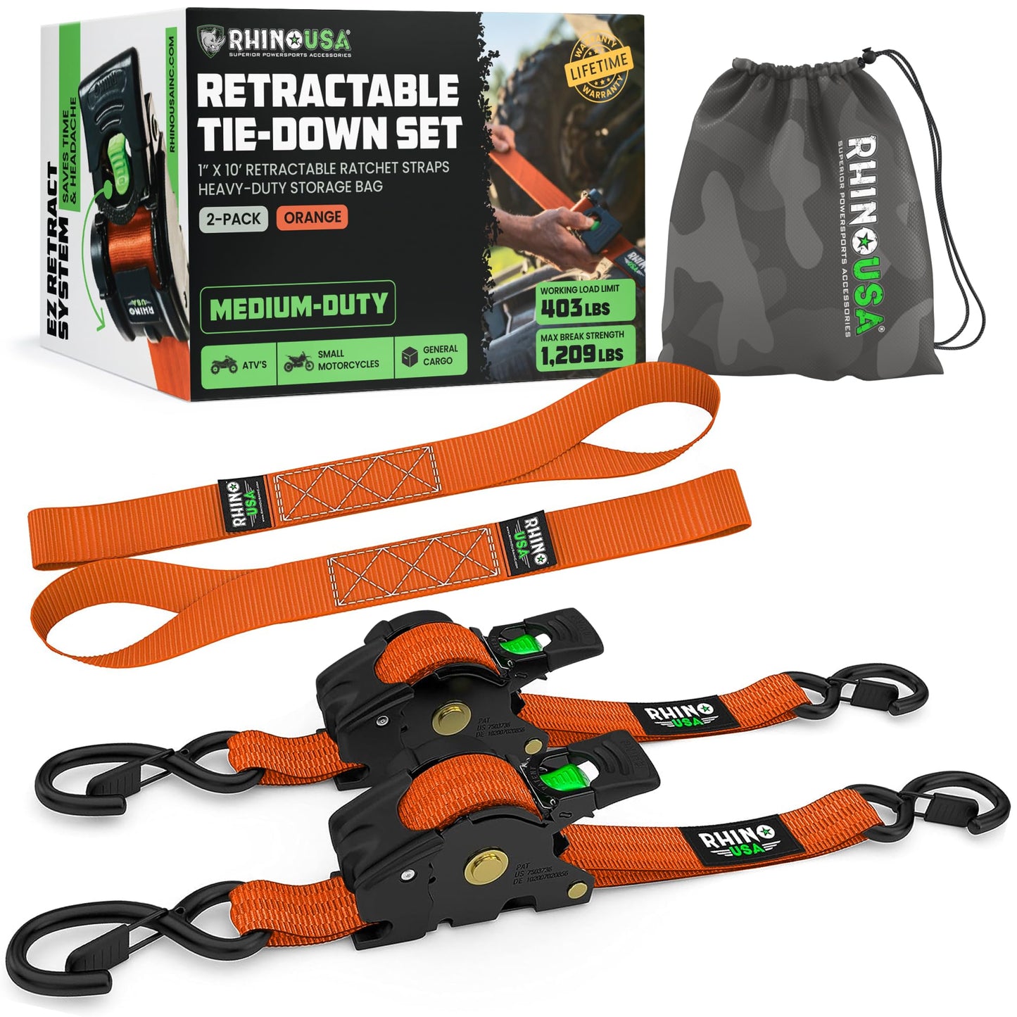 Rhino USA Retractable Ratchet Straps (4-Pack) - 1 Inch x 10 Feet (1,209lb Break Strength) - Heavy Duty Auto Self Retracting Tie Down Straps for Truck, Cargo Trailer, Motorcycle, Rad & More - Black