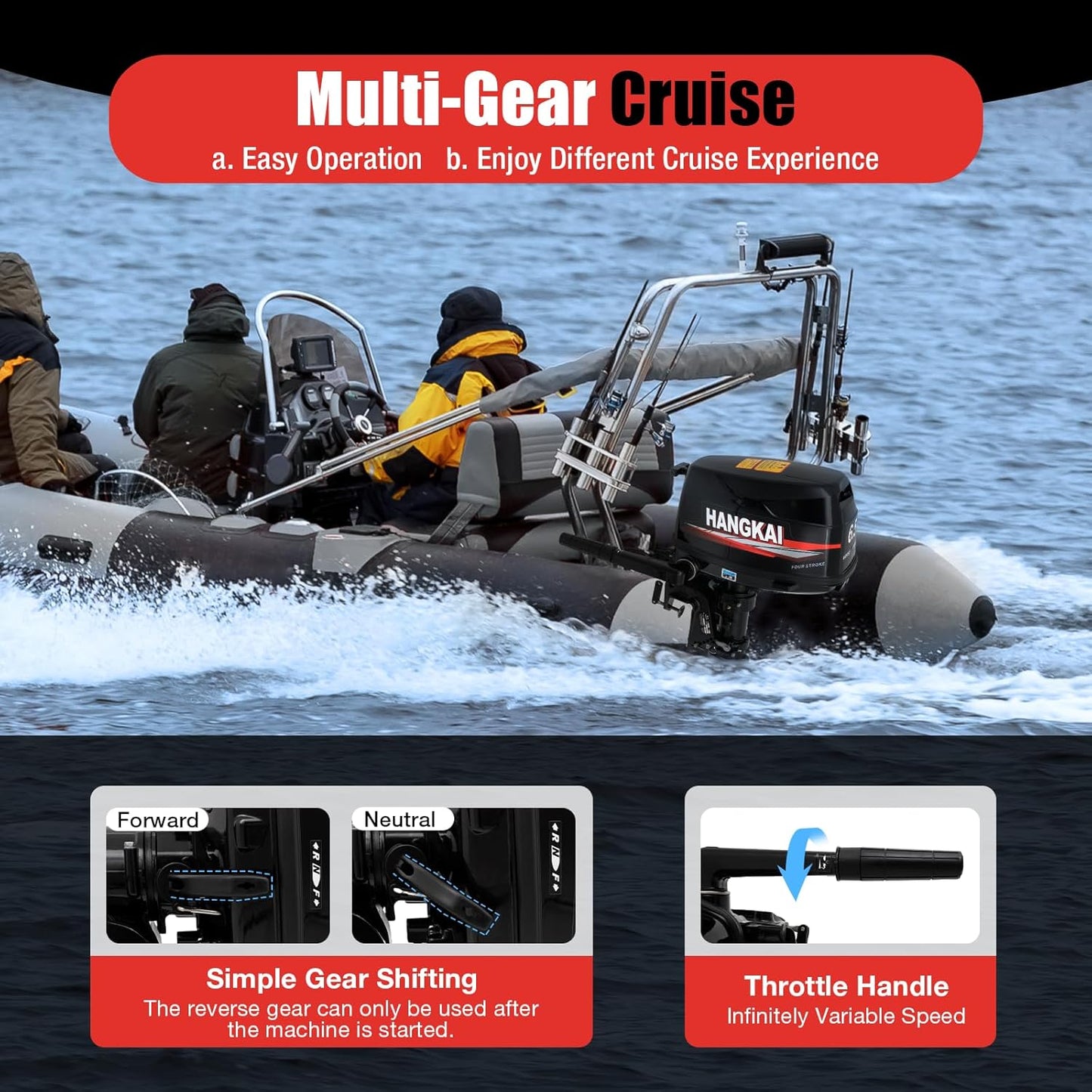 4-Stroke HANGKAI 6.5HP Outboard Motor Gas Powered, 123CC Fishing Boat Engine Outboard Motor Engine for Inflatable Boat Kayak Canoe Sailboat 5000-6000r/Min