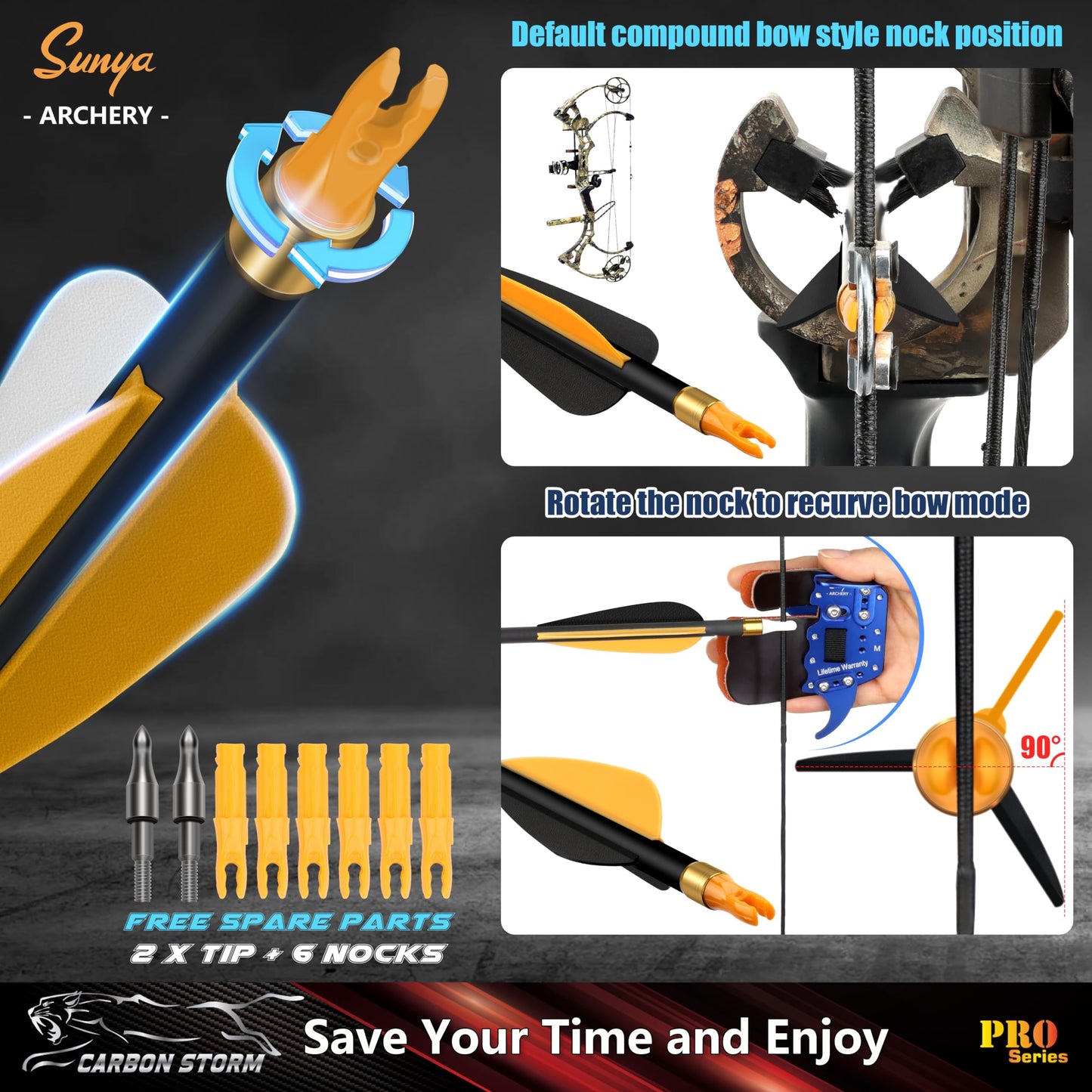 SUNYA Archery Compound Bow Arrows 12pcs Set. 30" Carbon Shaft, Spine 400 or 500 with Removable Tips
