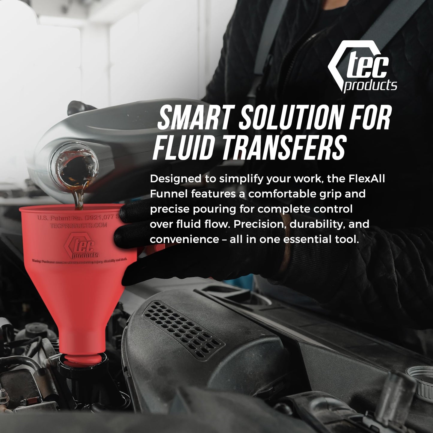 TEC Products FlexAll Funnel - Long Flexible Funnel for Automotive Use - Durable Nitrile Rubber - Ideal for Car Oil Change, Transmission Fluid, Diesel, Fuel, Gas - Made in USA - Red (16 x 5 Inches)