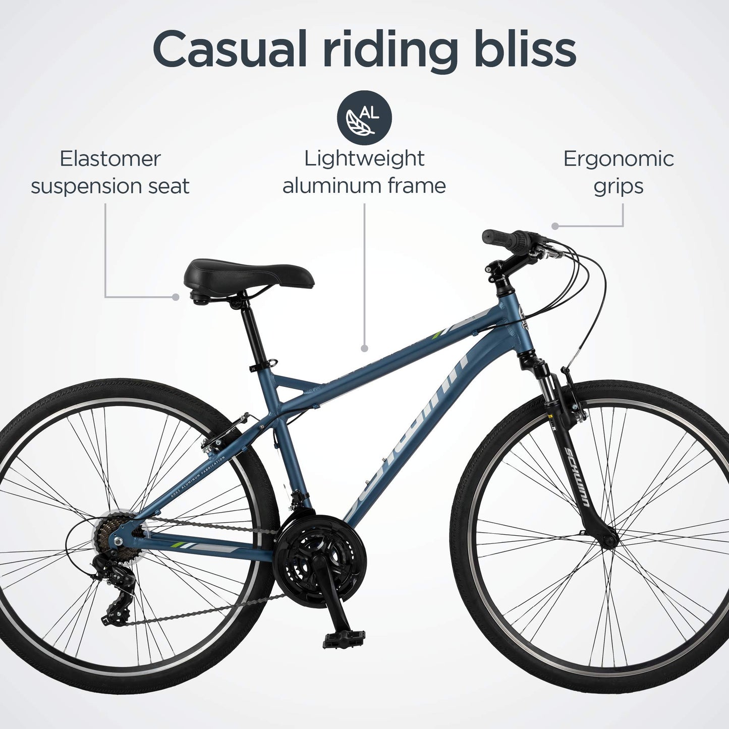 Schwinn Network 1.5 Hybrid Bike, Men and Women, 700c Wheels, 21-Speed, 18-inch Aluminum Frame, Front Suspension, Alloy Linear Pull Brakes, Matte Blue