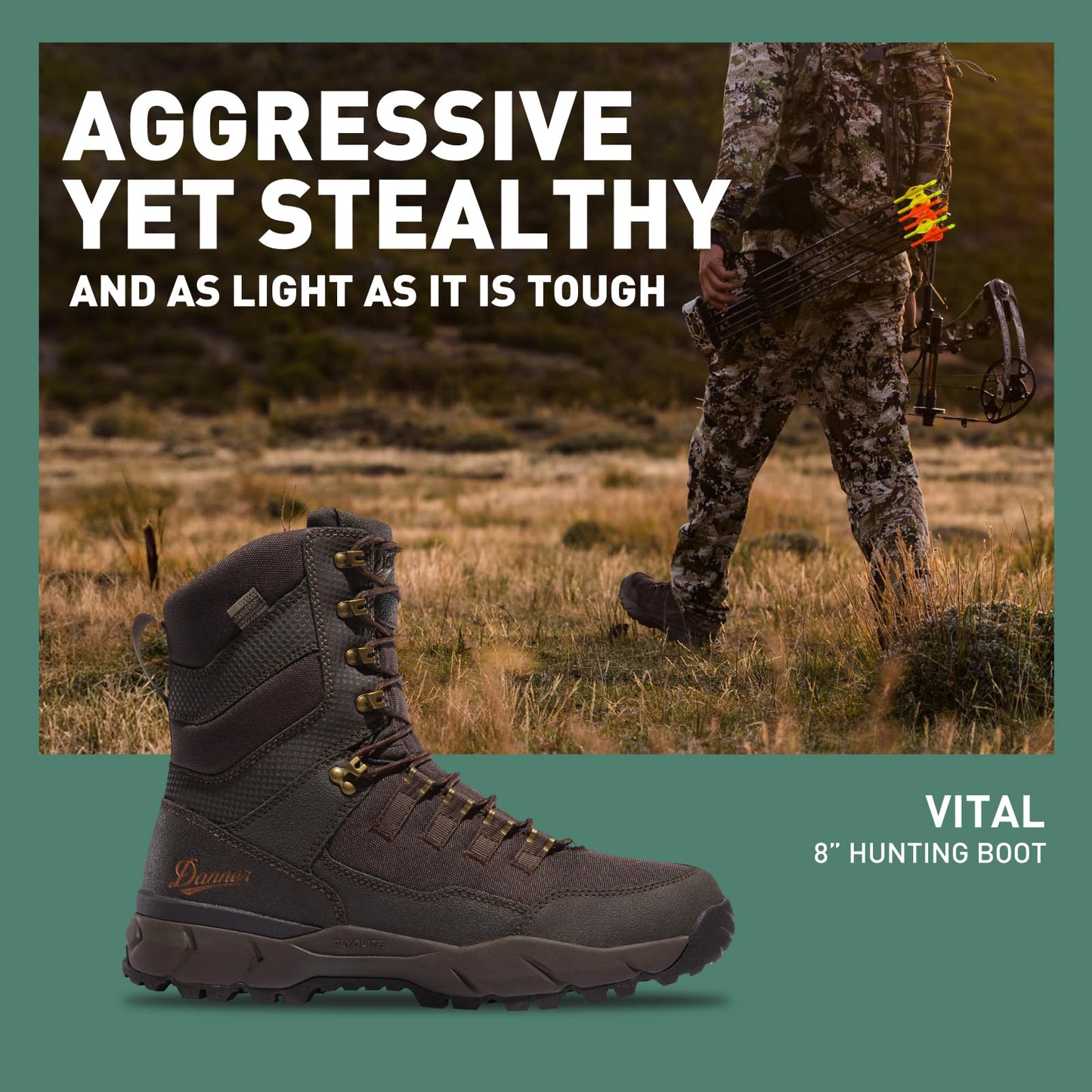 Danner Vital 8” Waterproof Hunting Boots for Men - Abrasion-Resistant Leather & Textile Upper, Shock-Absorbing Footbed & Non Slip Traction Outsole