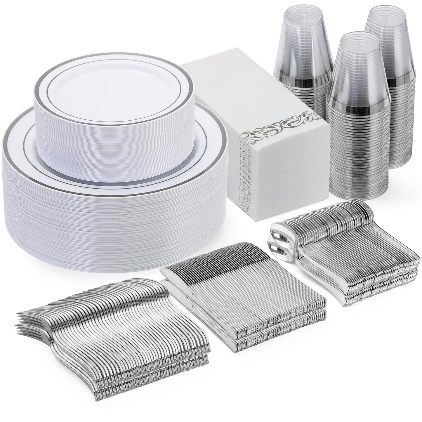 Goodluck 700 Piece Silver Dinnerware Set for 100 Guests, Disposable Plastic Plates for Party, Include: 100 Dinner Plates, 100 Dessert Plates, 100 Paper Napkins, 100 Cups, 100 Silverware set