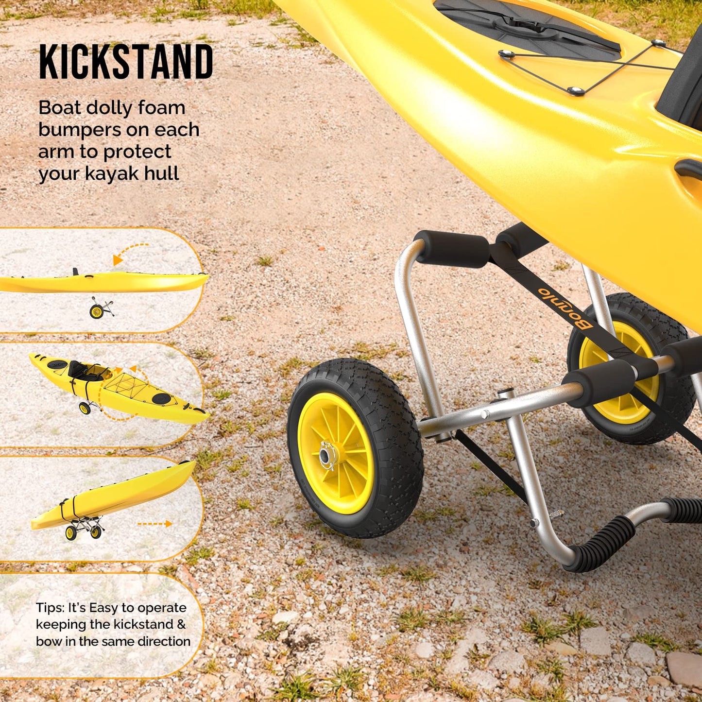 Bonnlo Kayak Cart Canoe Dolly Fishing Kayak Accessories Carrier Foldable Paddle Board Trolley Boat Trailer Transport with NO-Flat Airless Tires Wheels and 2 Ratchet Straps